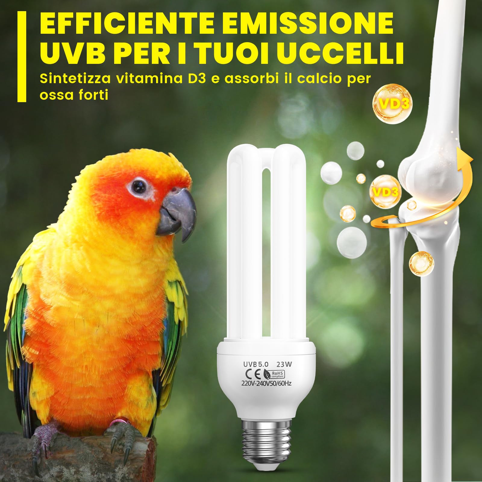UVB 5.0 E27 23W Lampada Fluorescente Compatta per Uccelli, Pappagalli, Rettili