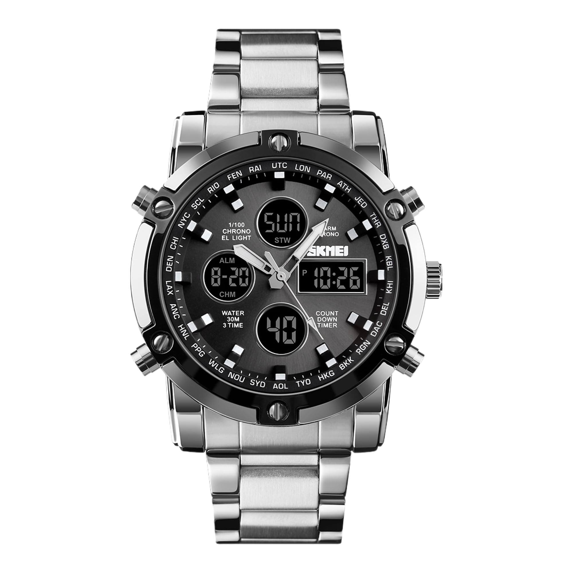 Mens Wrist Watch, Waterproof Military Analog Digital Watches with LED Multi Time Chronograph, Stainless Steel Business Watches for Men