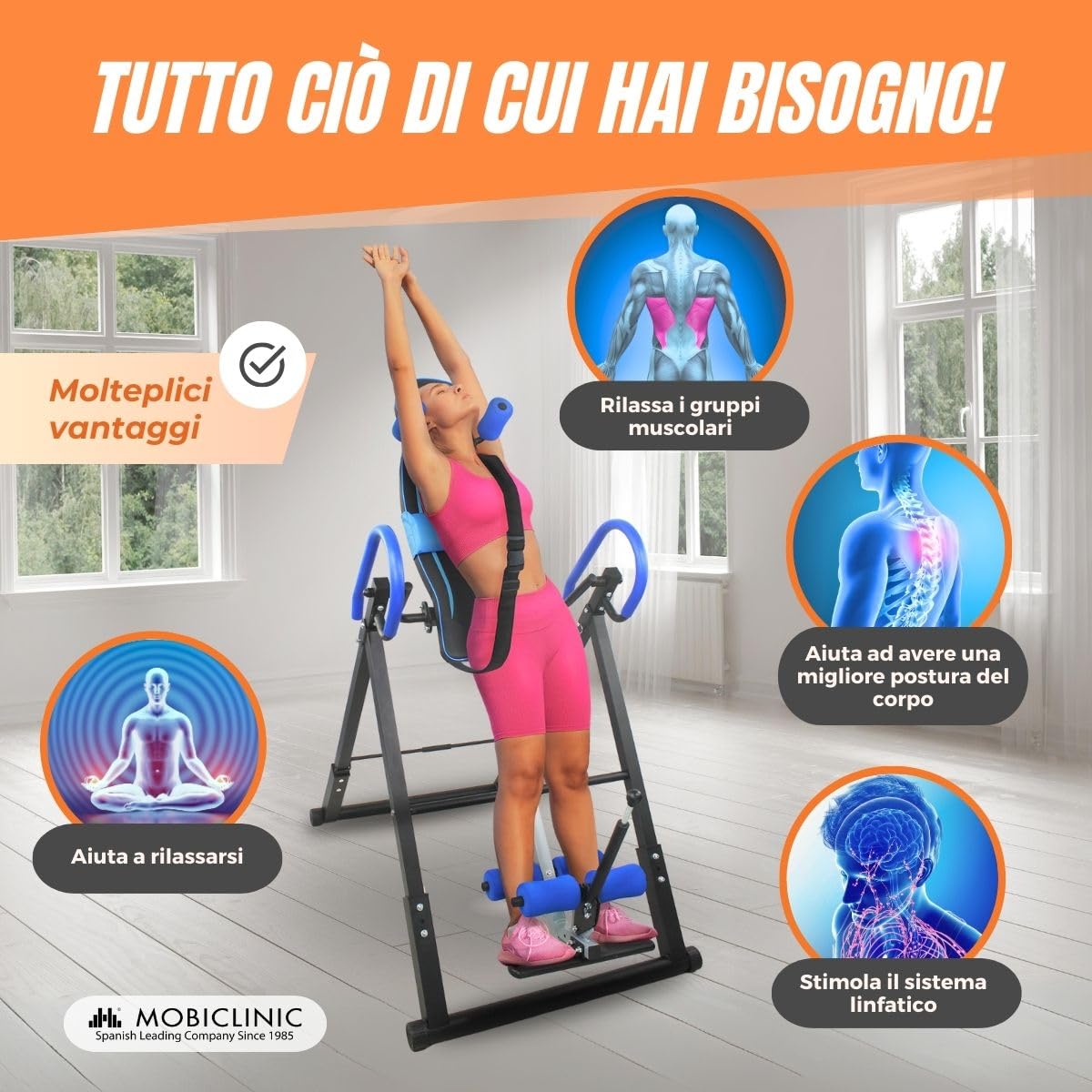 Mobiclinic® fitness, Panca a inversione, Pieghevole, Inclinazione di 180º, Fino 120 kg, Regolabile, Cuscino lombare e poggiatesta, Quattro sistemi sicurezza, Stretching ed esercizi addominali