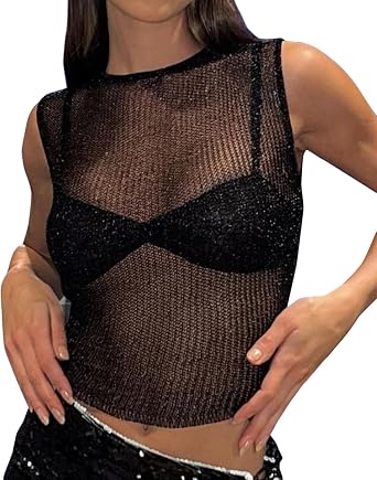 Knemksplanet Women Sexy Fishnet Knit Crop Tank Tops Sparkly Crewneck Sleeveless Sheer Mesh Vest Y2k Going Out Top