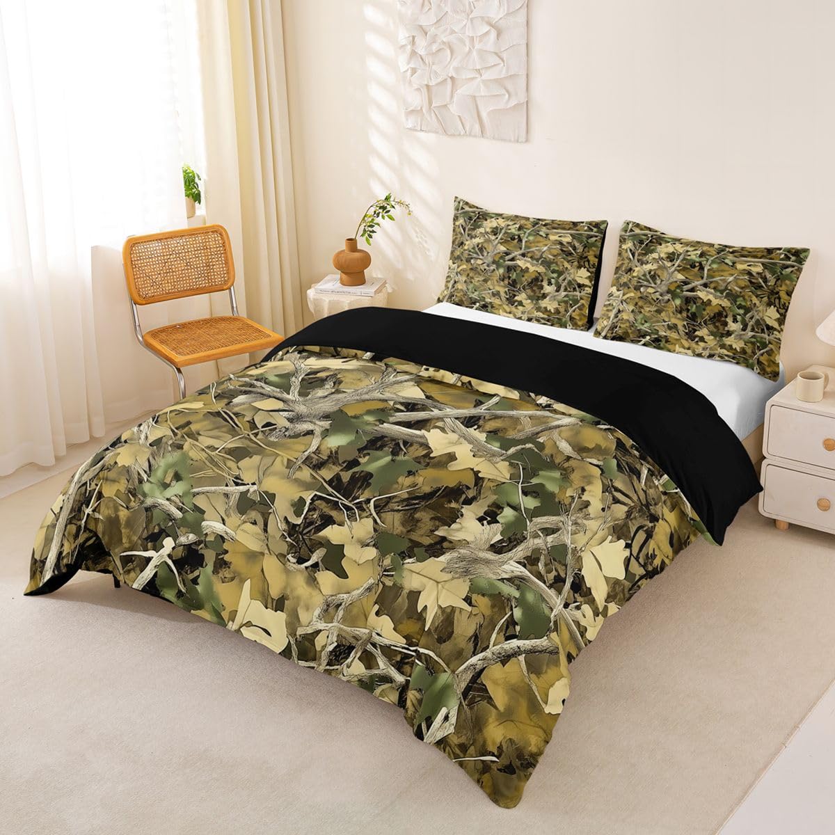 Homewish Camo King Pościel Rustykalny Dom Wiejski Zestaw Poszwa Na Kołdrę Gałęzie Kamuflaż Poszwa Na Kołdrę Liście Drzewa Domek Domek Domek Zestawy Łóżek