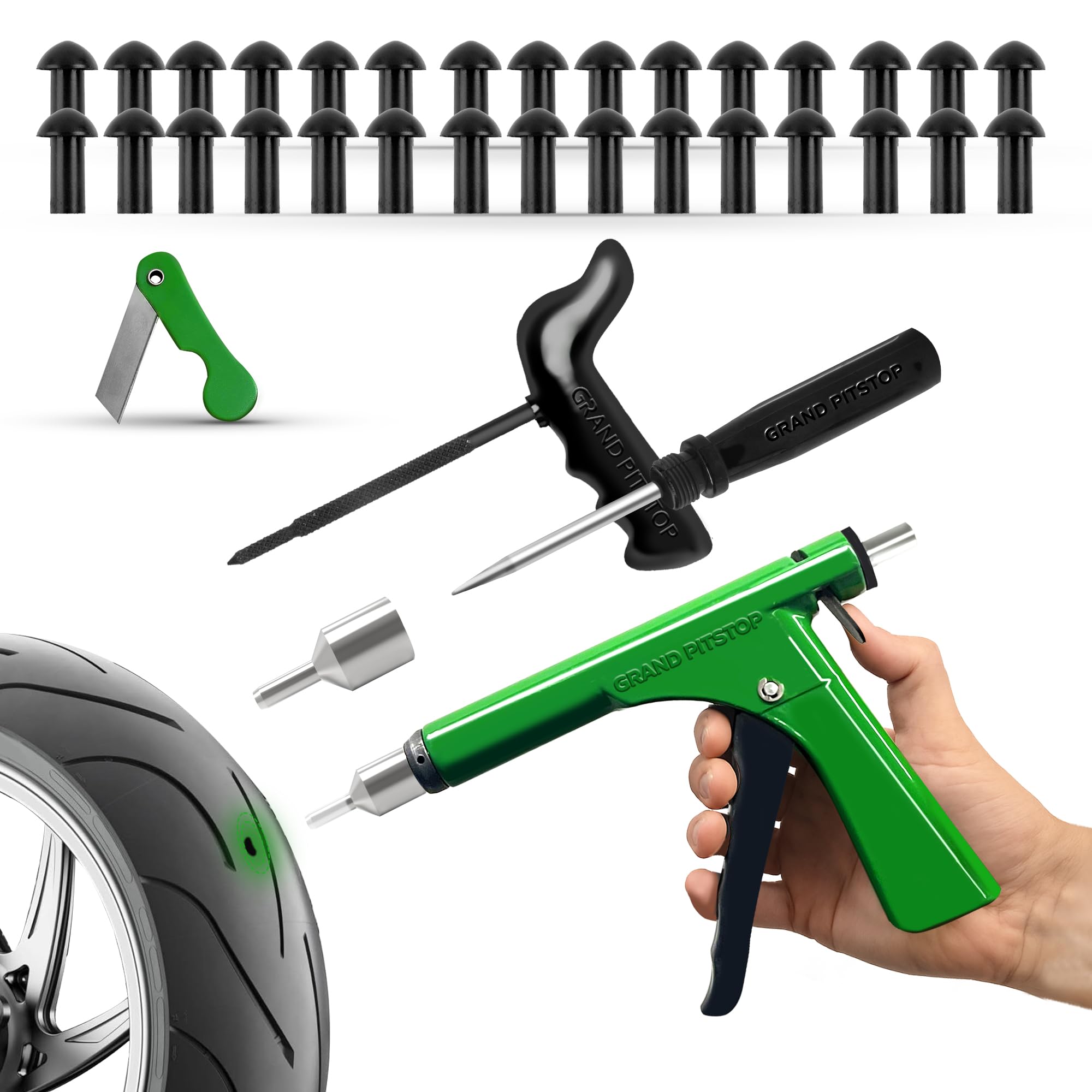 GRAND PITSTOP Tubeless Tire Gun Puncture Repair Kit with Mushroom Plug for Tyre Punctures and Flats on Cars, Motorcycles, ATV, Trucks & Tractors (Gun Puncture Kit 30 Plugs)
