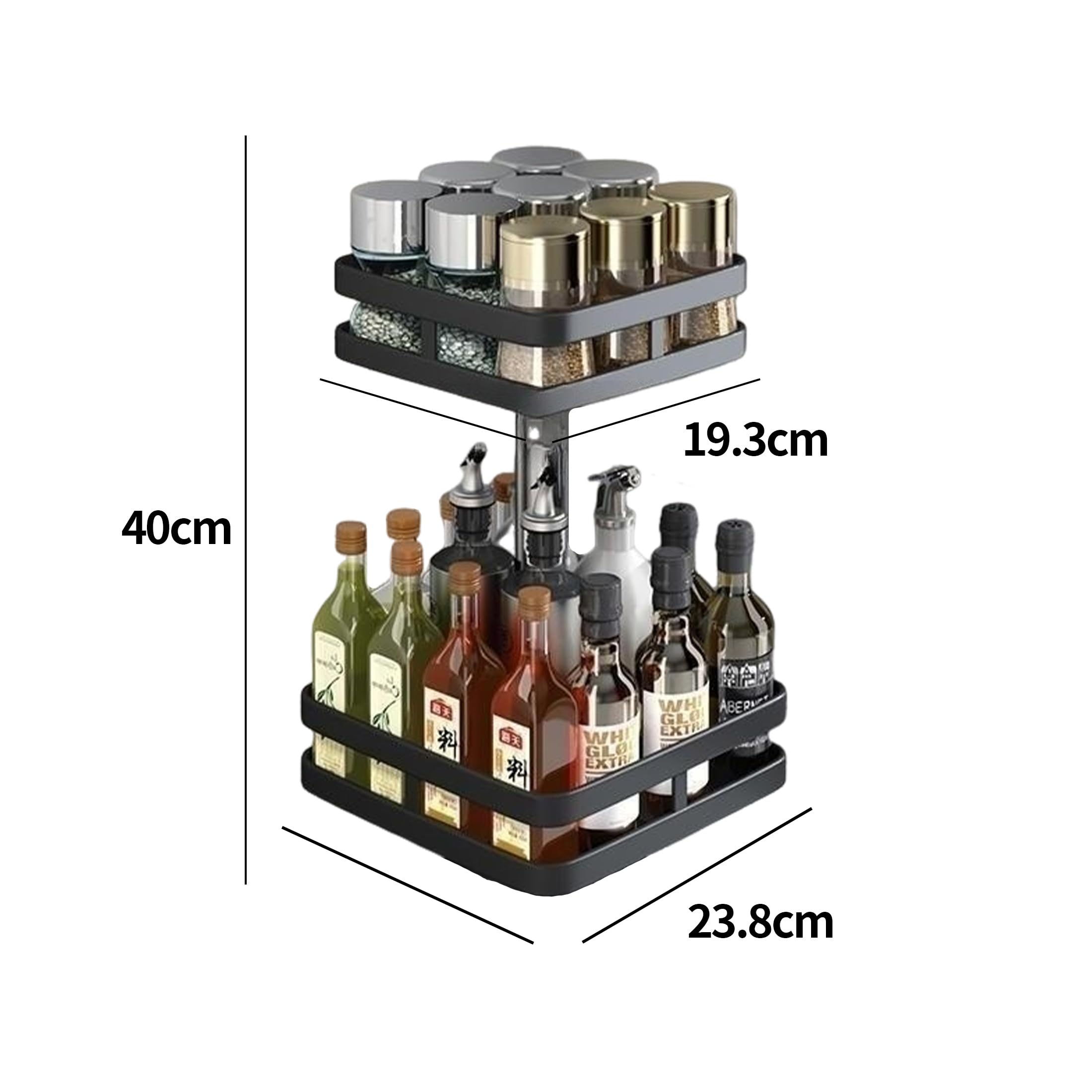 Drehbarer Organizer 2 Etagen Schwarz Küchenregal Stehend 360° Küchengewürzen Küchenregal Arbeitsplatte Eckregal Küche Gewürzregal Stehend Ohne Bohren Lazy Susan Bohren für Gewürzgläser, Kosmetik(W01)