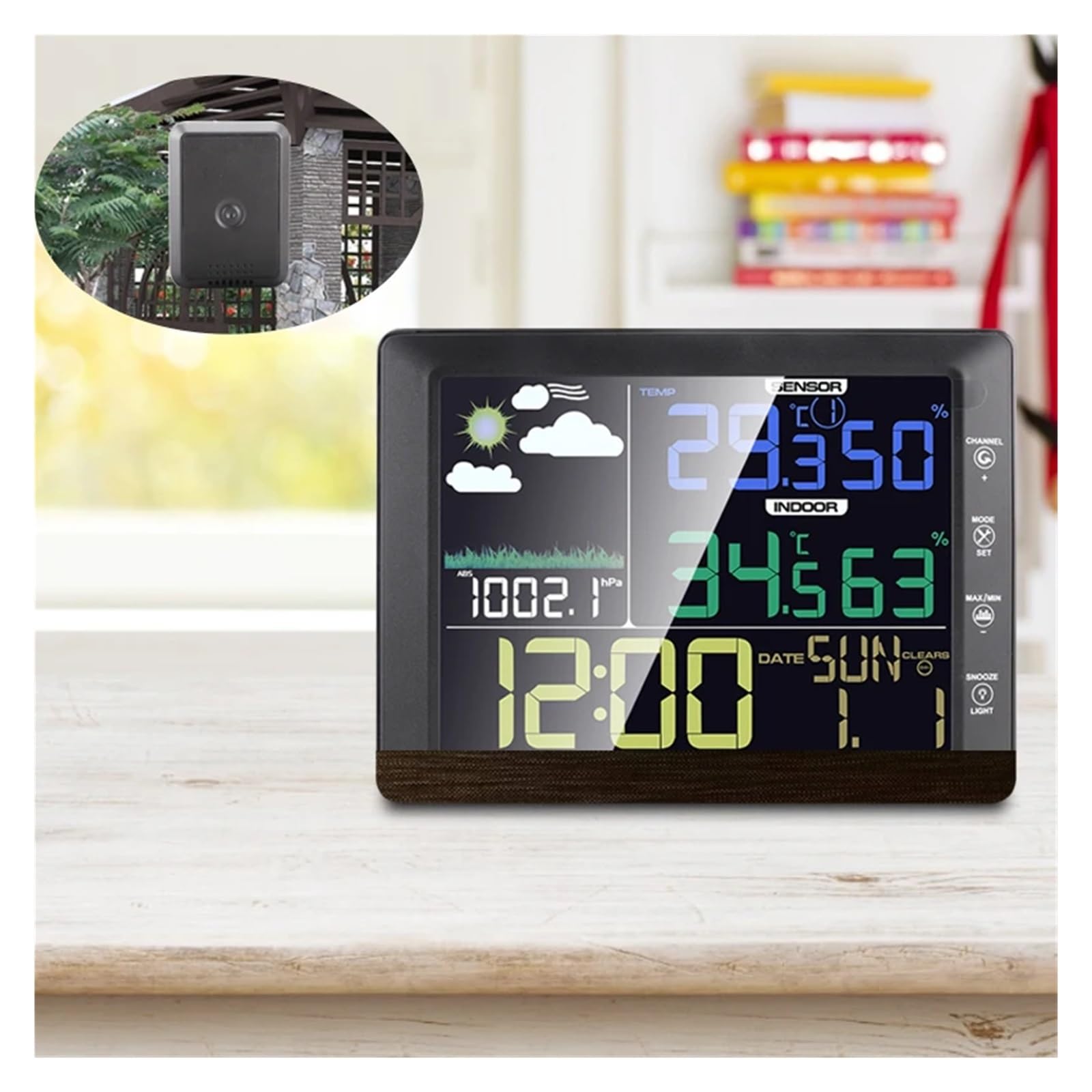 Wireless Color Screen Weather Station Clock Indoor Outdoor Temperature Humidity Meter Forecast Sound Control -40-60C(Wooden)
