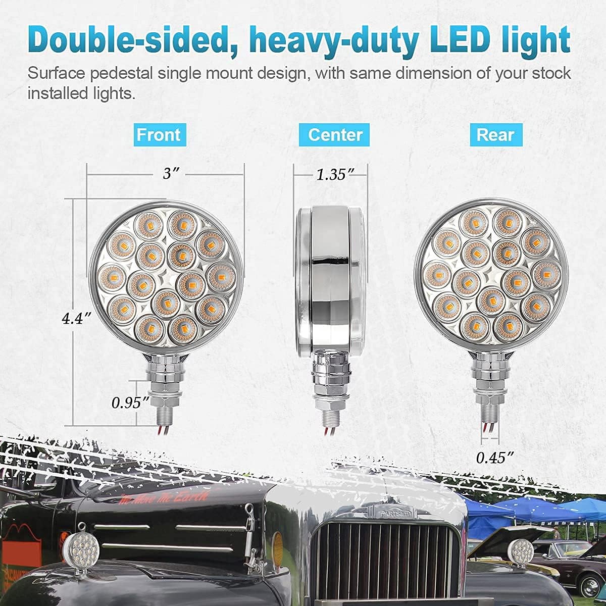 Partsam Truck Pedestal Lights Kit Clear Lens, 2Pcs 3" Round Double Face Led Turn Signal Lights 30LED+2Pcs Square Double Face Led Lights 39LED Double Post
