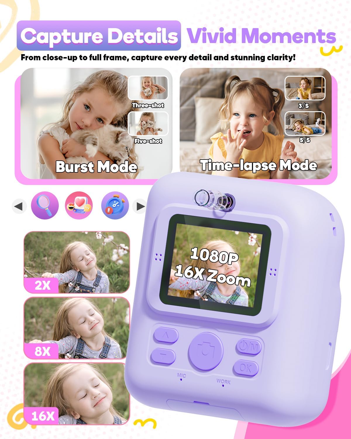 Ziegoal Kids Instant Print Camera screen displaying 16x zoom, burst mode, and time-lapse options.