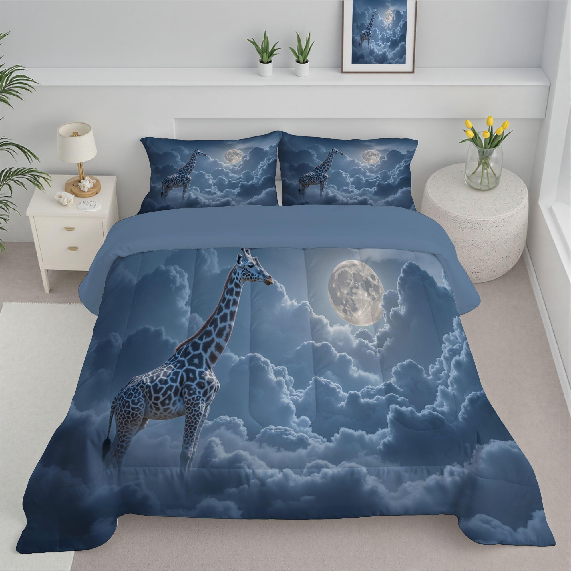 Edredon Cama 135/150 Jirafa Parada Sobre Nubes Estampado 3D, Edredón Nórdico 4 Estaciones 240x220cm, Colcha Transpirable De Microfibra Lavable Dibujos Animados Animales, 2 Fundas De Almohada 50X75cm