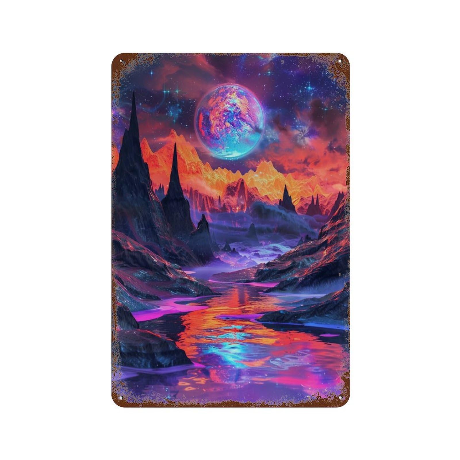 Garage Style Fantasy Alien Planet Landscape Vintage Metal Tin Sign 11.8"x7.9", Industrial Home Decor for Bar And Workshop