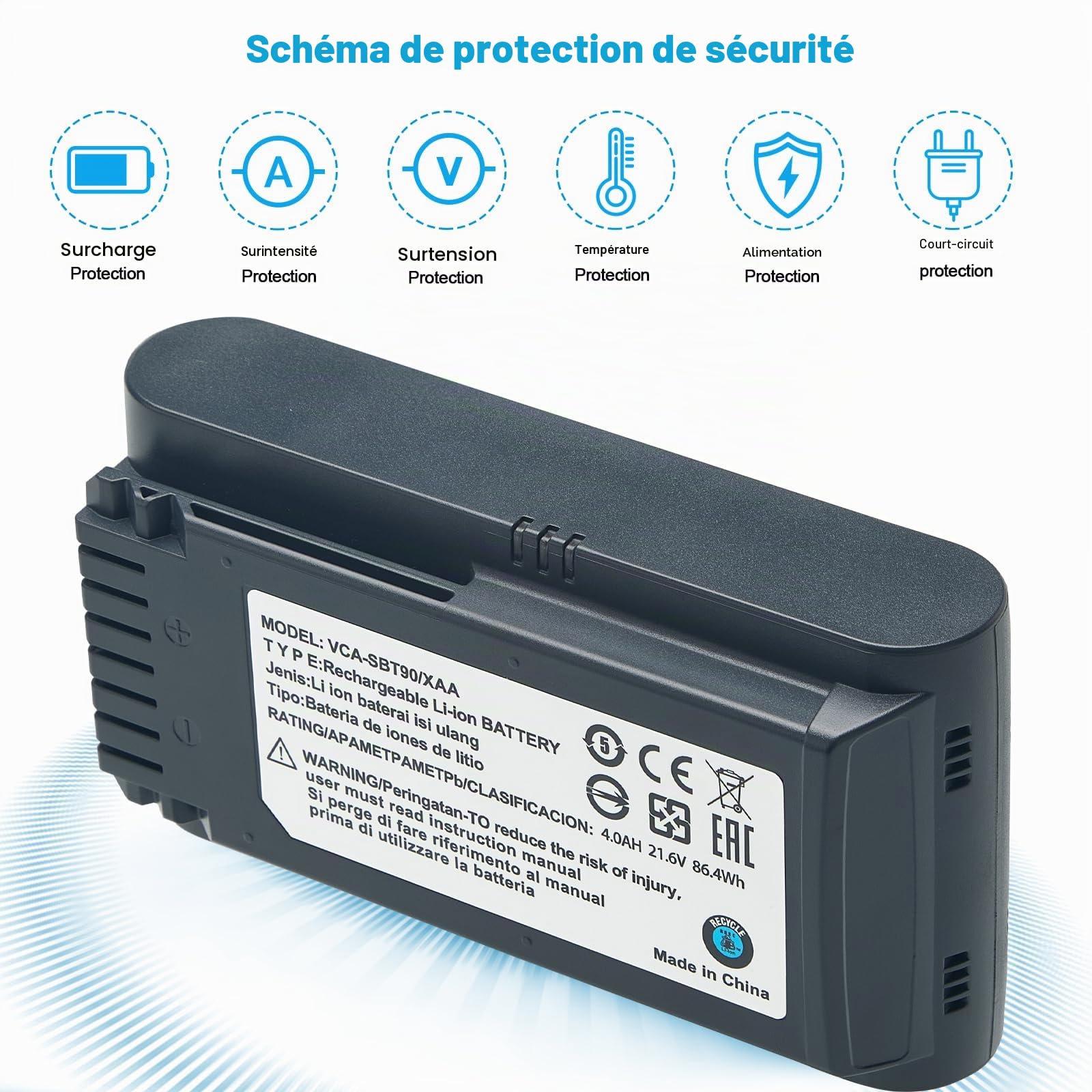 Batterie de remplacement 4,0 Ah pour aspirateurs à batterie Samsung Jet 60, Jet 70, 75, 75+ et Jet 90/90+, compatible avec les modèles VCA-SBTA60, VCA-SBT90 et VCA-SBT90EB