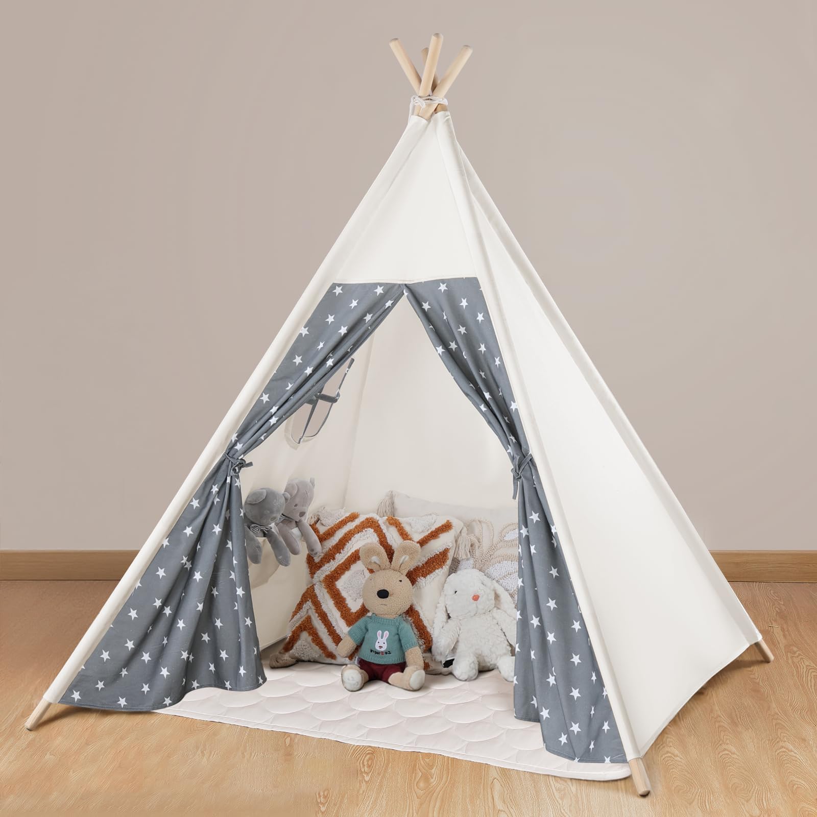Teepee Tent for Kids Cotton Canvas Play Tent with Mat Slumber Party， Foldable Indoor Tent for Boys & Girls, Gift Set with Star Lights, Banner & Carry Bag, Stars Design