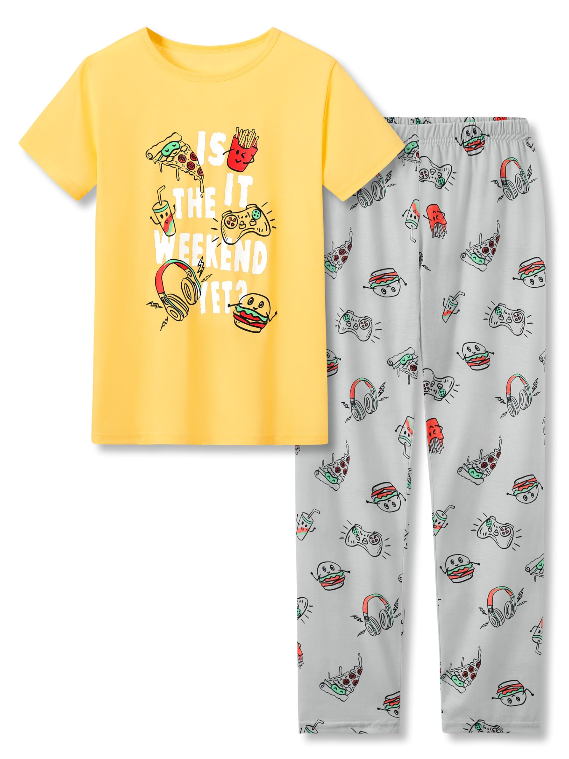 Beezizac Big Boys Pajamas Teal & Navy Face 2-Piece Fun Short Sleeve & Pants PJ Set Kid Cozy Sleepwear Size 6-18