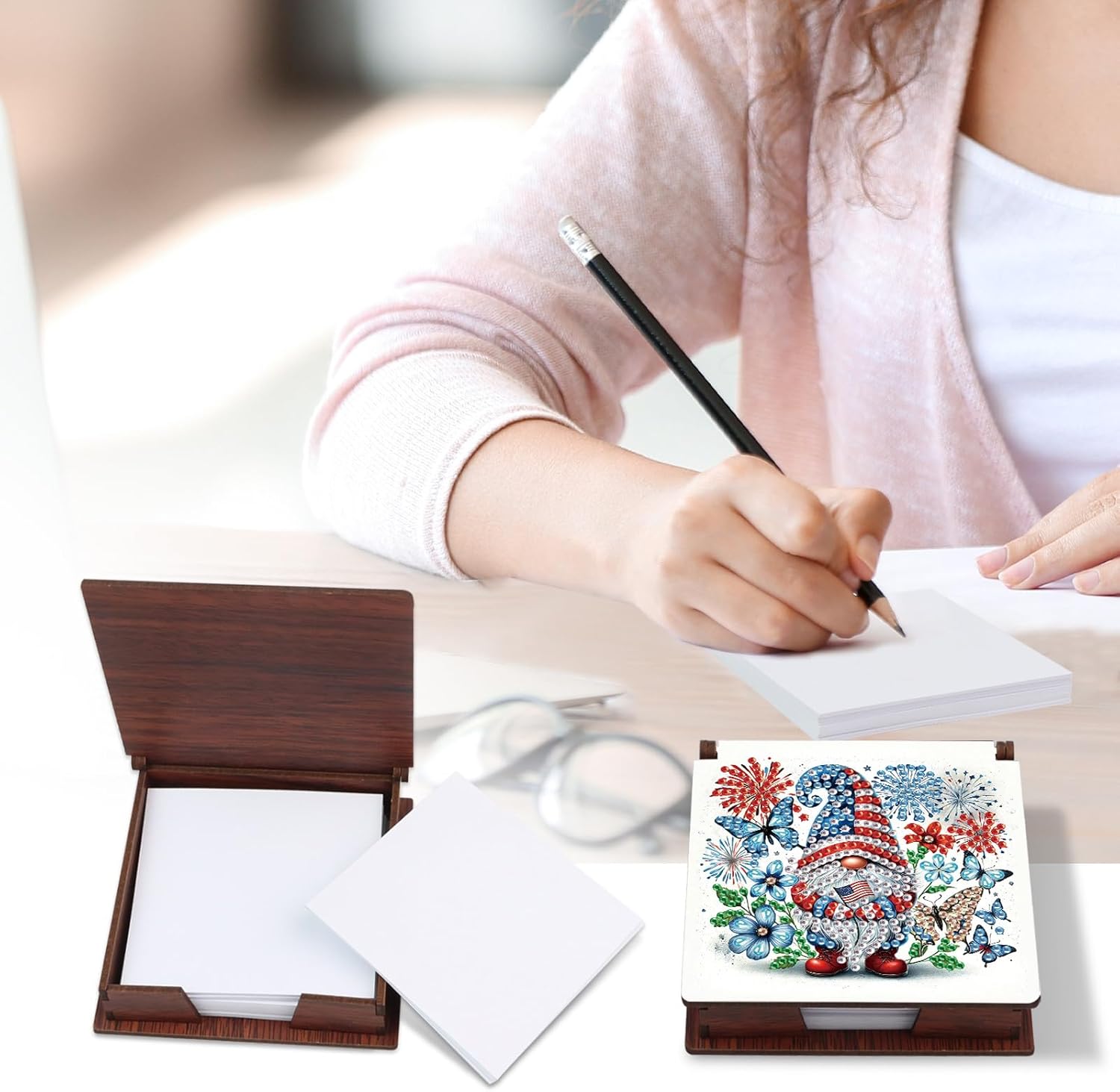 DIY Diamond Note Storage Box with 160 Sticky Notes, Diamond Art Painting Wooden Message Paper Storage Note Box Reusable Note Boxes, for Work Desk Organization-4PCS-1