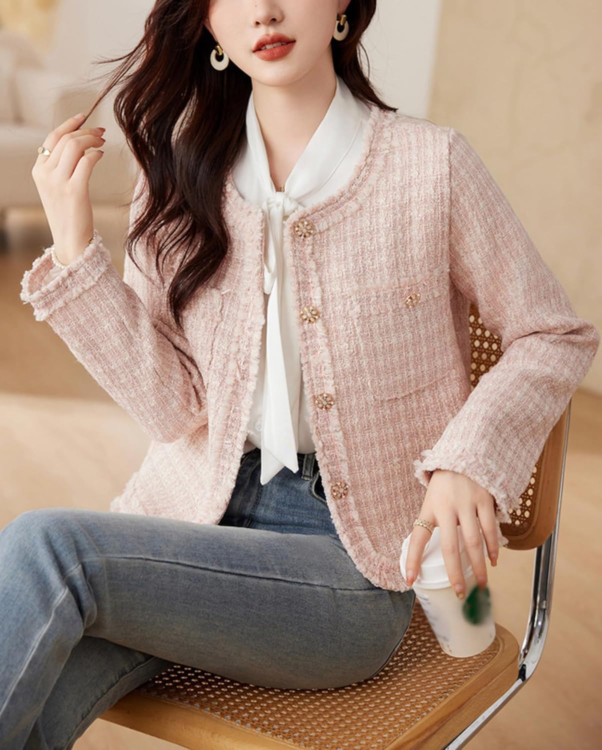 Giacca Elegante in Tweed da Donna Giacca Corta Coreana Slim retrò con Scollo Rotondo Giacca Monopetto Casual da Lavoro alla Moda