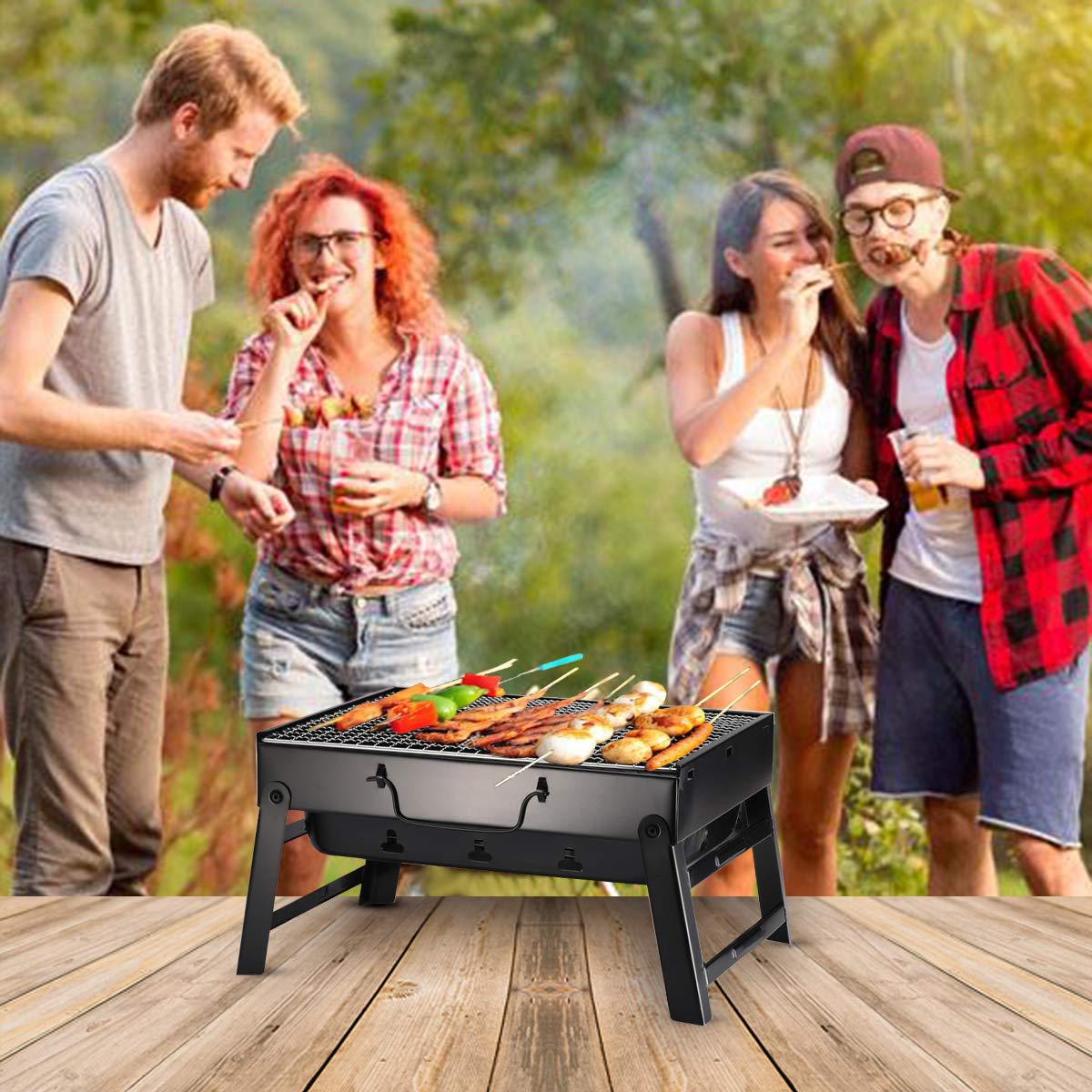 ele ELEOPTION BBQ Grill Tragbarer Gefalteter Holzkohlegrill für 2-4 Personen, 13,8 '' x 10,6 '' x 7,9 '', Campinggrill Kohlegrill für Picknick Garten Terrasse Reise Beach Barbecue