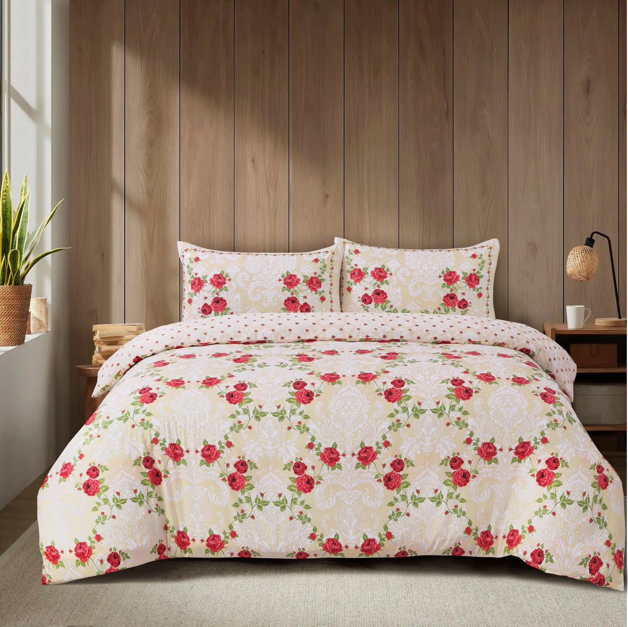 WEAVERS: 4 Piece Luxury Soft Microfiber Bedding Set With Duvet Cover Fitted Sheet And Pillowcases – Modern, Comfortable & Easy Care. (Size King - Design Christy Red)