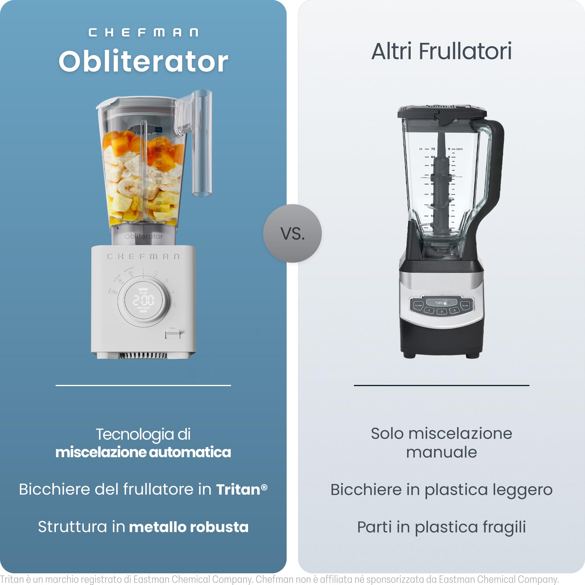 Chefman Obliterator 1.2L 1350W Frullatore Smoothie, Trita Ghiaccio, Noci e Frutta Congelata, Lama in Acciaio Inox, Funzione Auto Mix, Con Barattolo da Viaggio da 600ml – Grigio Cemento
