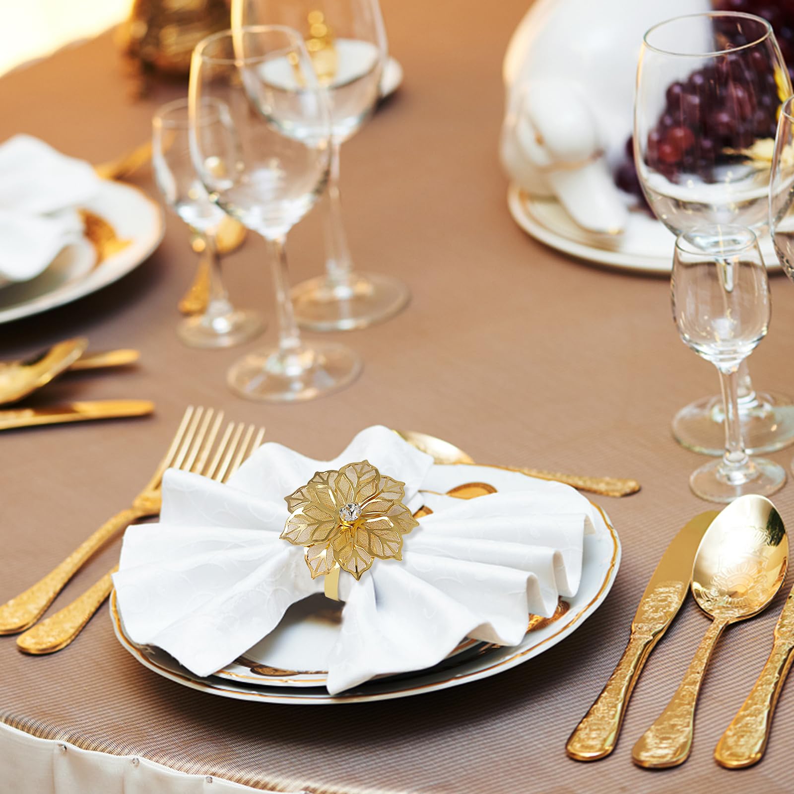 LARDUX 12 PCS Napkin Rings-Hollow Out Floral Exquisite Alloy Napkin Ring Holders for Wedding Christmas Thanksgiving Holiday Banquet Dinner Table Serviette Buckles Decor Favor-Gold - Image 3