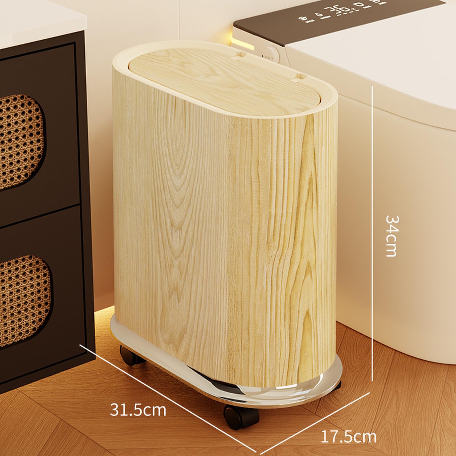 Cestino portarifiuti mobile effetto legno con ruote, grande cestino per rifiuti da 12 litri con coperchio a pressione per cucina e soggiorno, pattumiera ovale sottile a doppio strato con coperchio