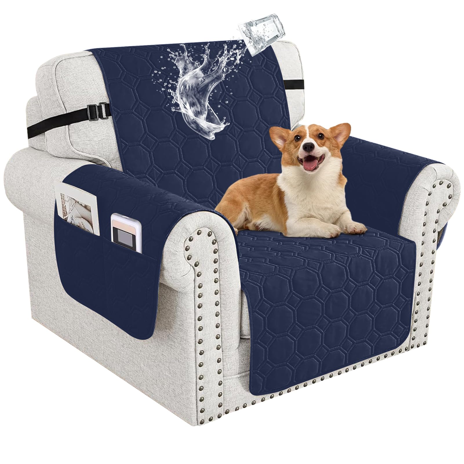 100% Waterproof Sofa Covers for Pets, Non Slip Sofa Slipcovers Couch Cover for Living Room Washable Pet Couch Cover with Elastic Straps Furniture Protector (Navy Blue,1 Seater)