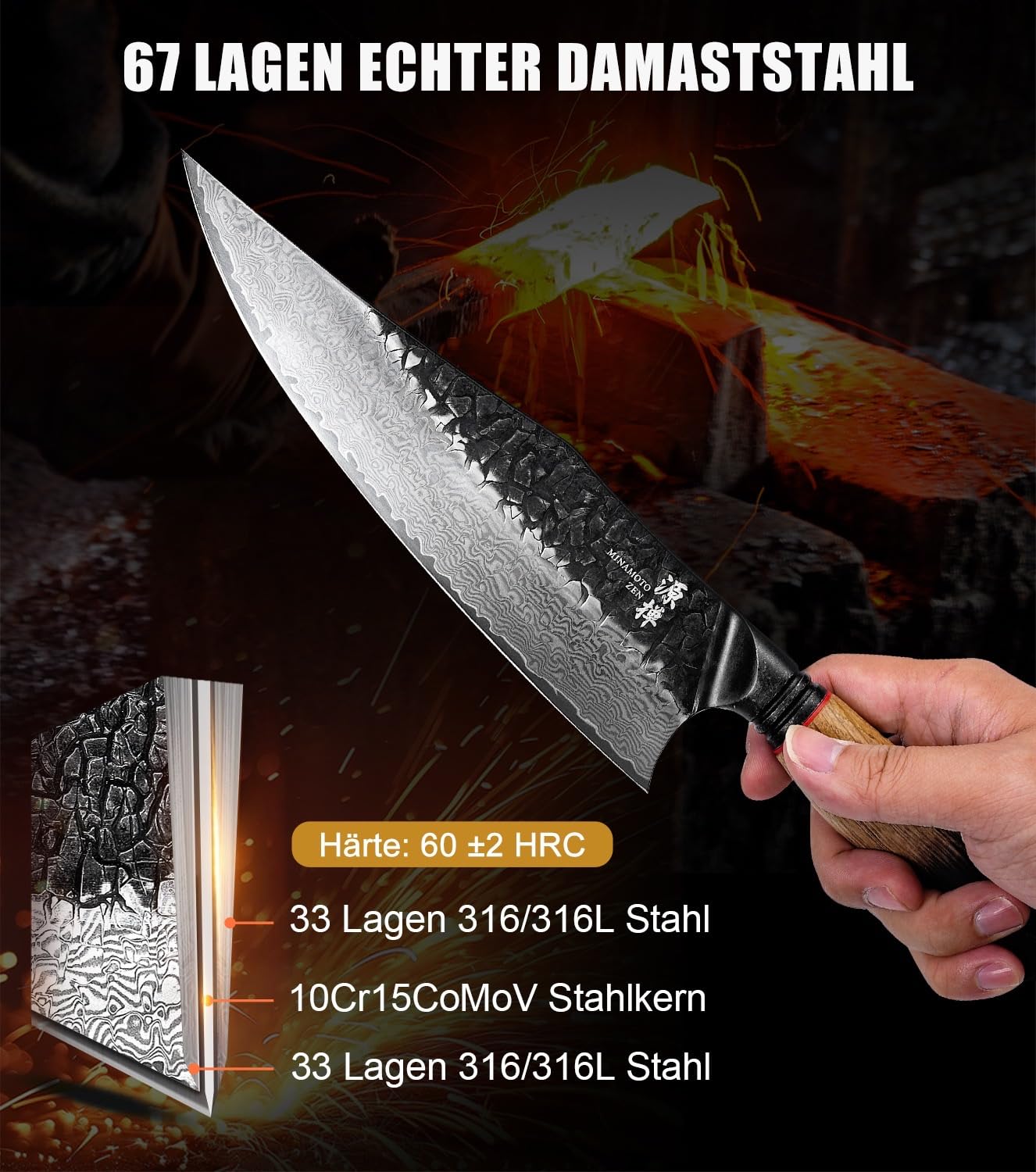 OKAMI Damast Chefmesser – 21,9 cm Klingenlänge – 67-lagiger Damaststahl mit VG10 Kern – Japanische Messerkunst – Hammerschlag-Finish – Eichenholzgriff