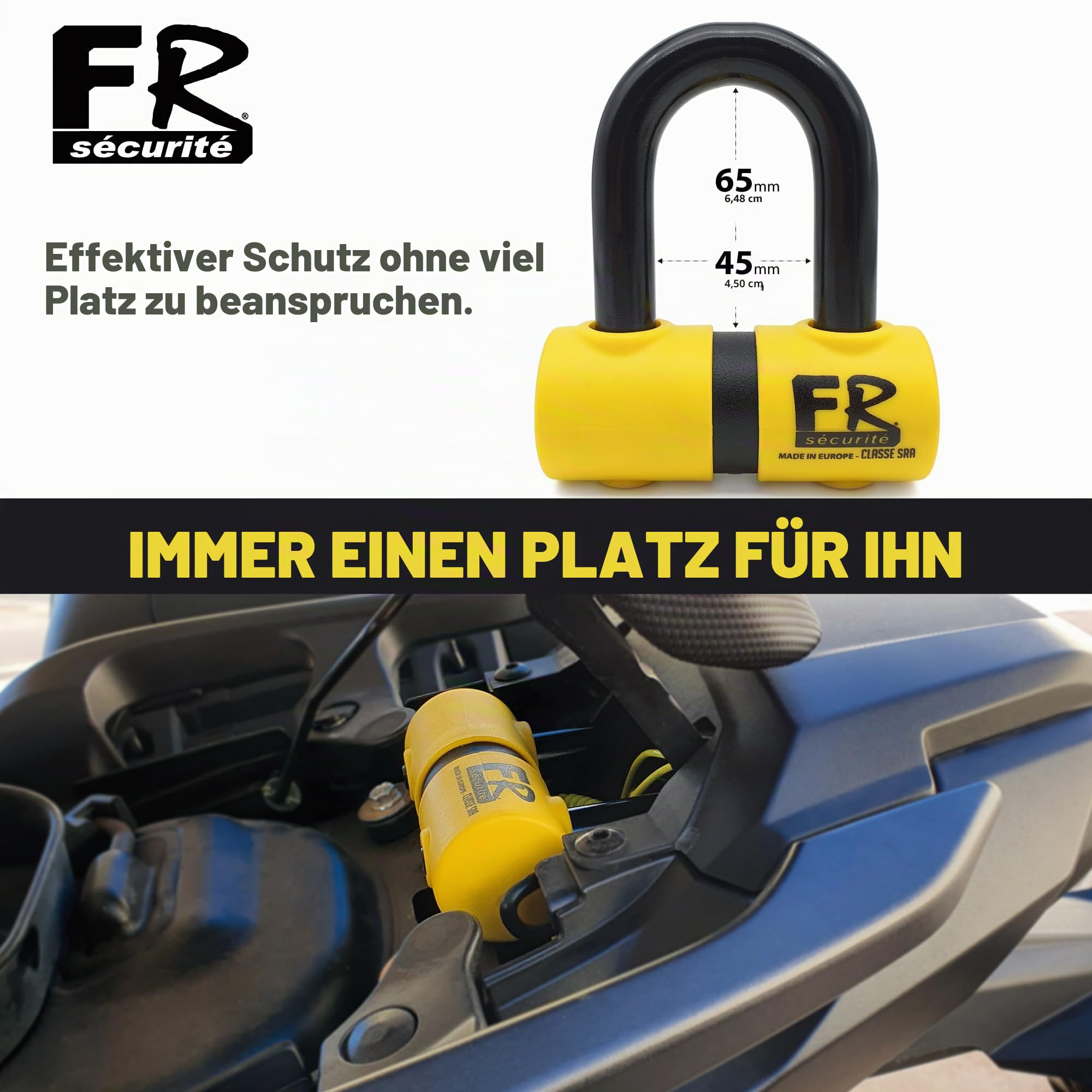 FR SECURITE FR50 Motorradschloss Diebstahlsicherung Mini U Bremsscheibenschloss Homologiert Classe SRA Gehärteter Stahl Ø18 45 x 65 mm + Erinnerungskabel Sicherheit für Motorrad Scooter