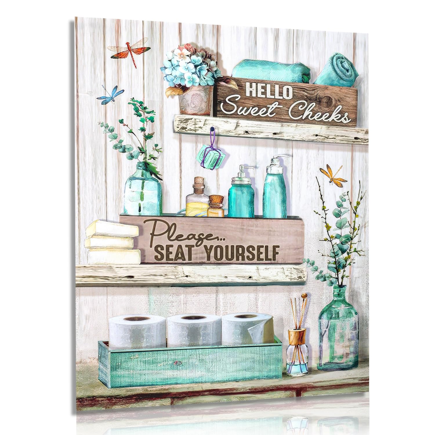 Dazzlewall Cuadro Decorativo Baño, Arte de Pared de Baño Teal, Decoracion de Pared de Baño de Granja Rustica, Libélula Impresiones en Lienzo 30x40 cm Sin Marco