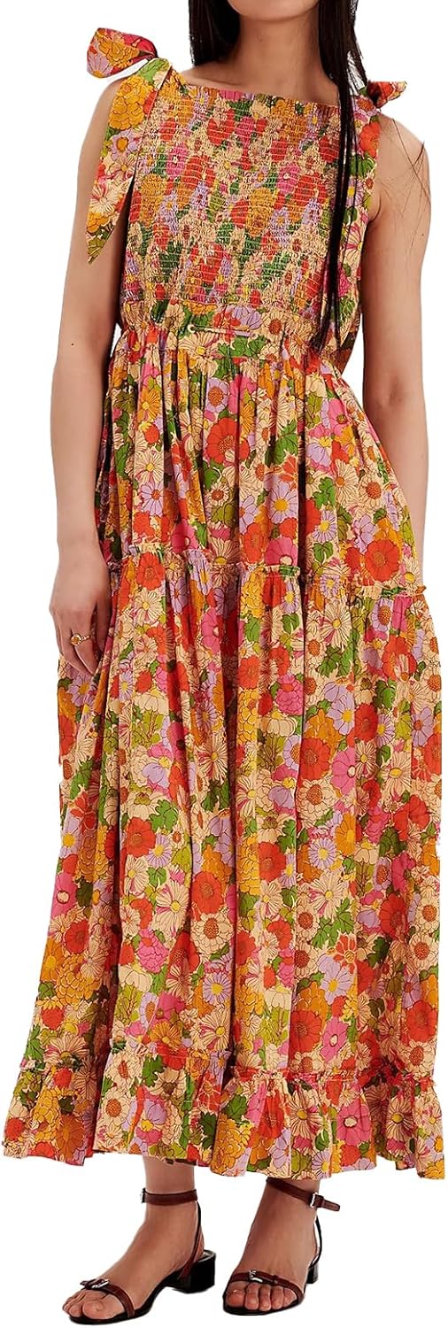 Women Floral Maxi Dress Tie Shoulder Cutout Backless Boho Smocked Flowy Dresses Summer Fall Sundress