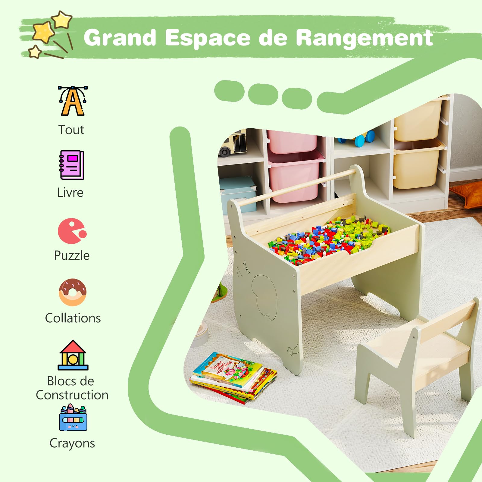 GOPLUS Table Enfant avec Chaise, 3 en 1 Bureau Enfant en Bois avec Rangement, Tableau Reversible Blanc/Noir, Porte-Rouleau de Papier, Petite Table d'Activités pour Dessiner Manger Etudier (Vert)