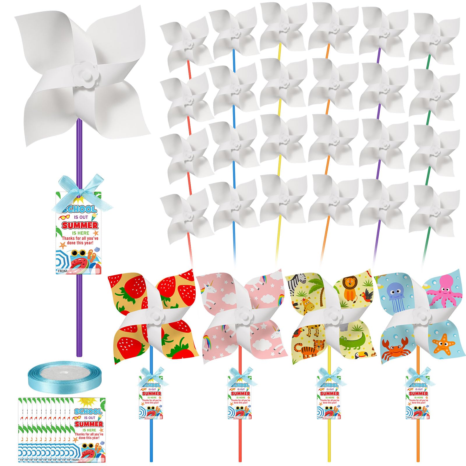 Poen 24 Sets End of Year Student Gifts Include 24 DIY Craft Pinwheels 24 Cards with 1 Roll Ribbon End of The Year Gifts for Student Bulk from Teacher Color Your Own Pinwheels Summer Theme Party Favor