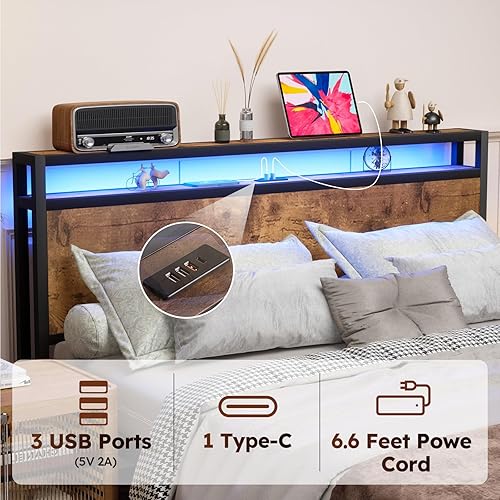 Miniatura 57 de Base de cama de tamaño matrimonial con cabecero, plataforma LED con 4 cajones de almacenamiento, estación de carga integrada, sin ruido, base de