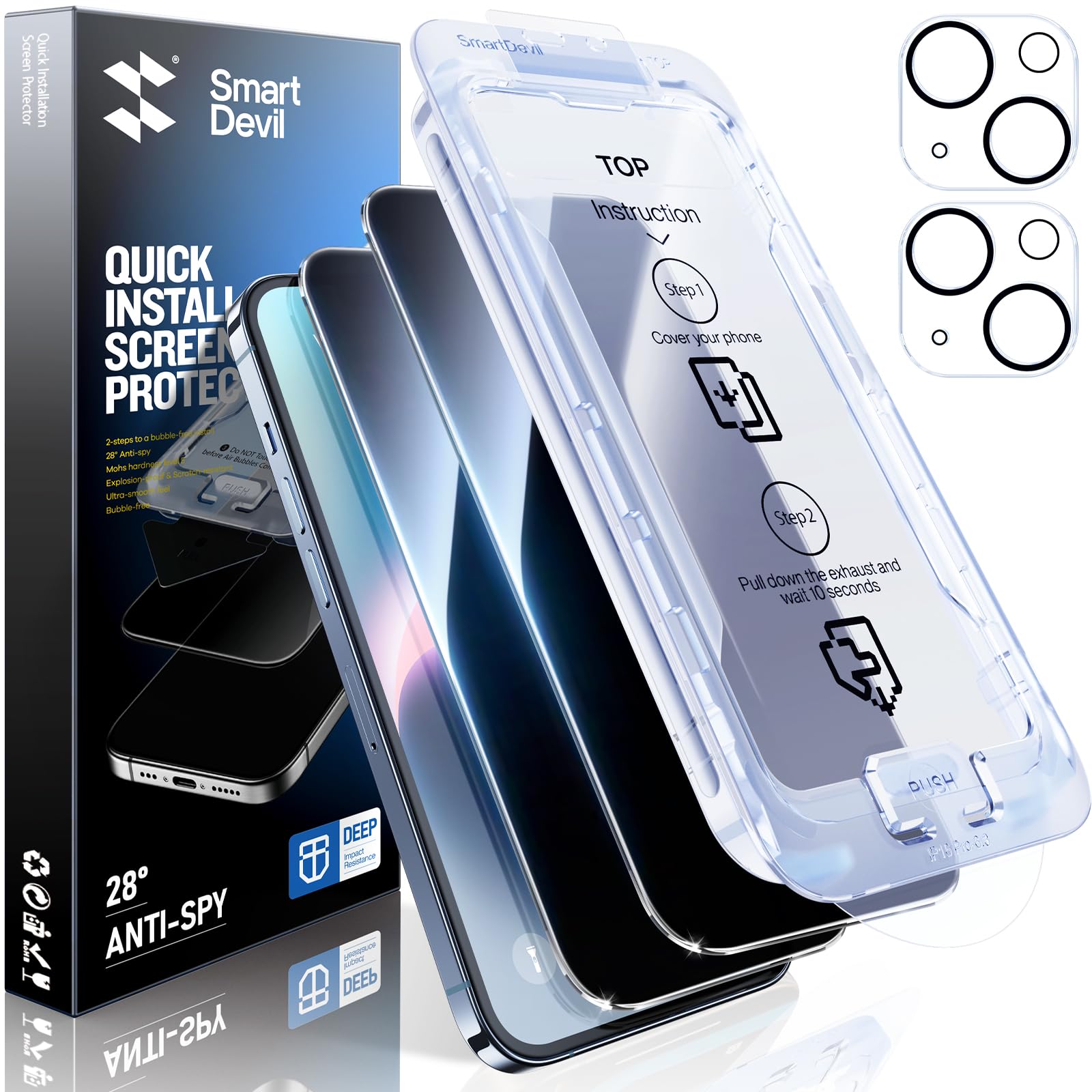 SMARTDEVIL Privacy Screen Protector for iPhone 14 with Tempered Glass 2 Pack + 2 Pack Camera Lens Protector, 28°Anti Spy, [Top 9H+ Military Grade