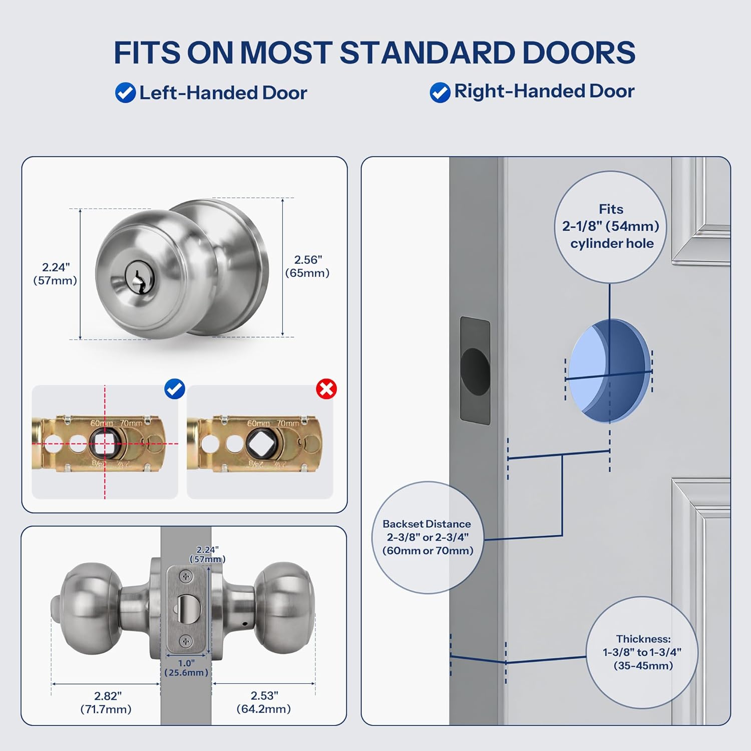 Keyed Entry Door Knob for Entrance, Front Doorknob with Lock and Key for Exterior & Interior Right and Left Side Bedroom, Living Room, Satin Nickel,1 Pack
