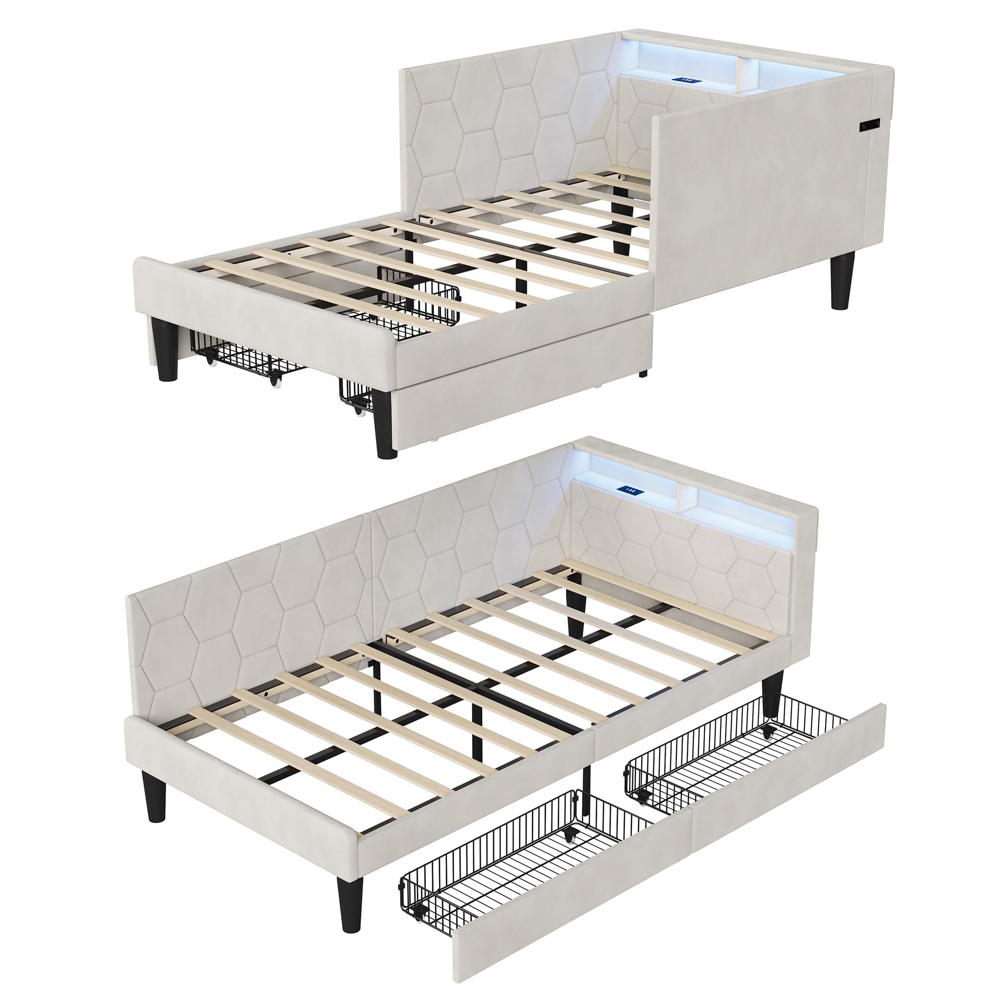 CDQL Łóżko tapicerowane, sofa do spania 90 x 200 cm z oświetleniem LED i portami USB, łóżko do przechowywania z 2 szufladami, zagłówek ze schowkami, łóżko funkcyjne, łóżko pojedyncze, aksamitne
