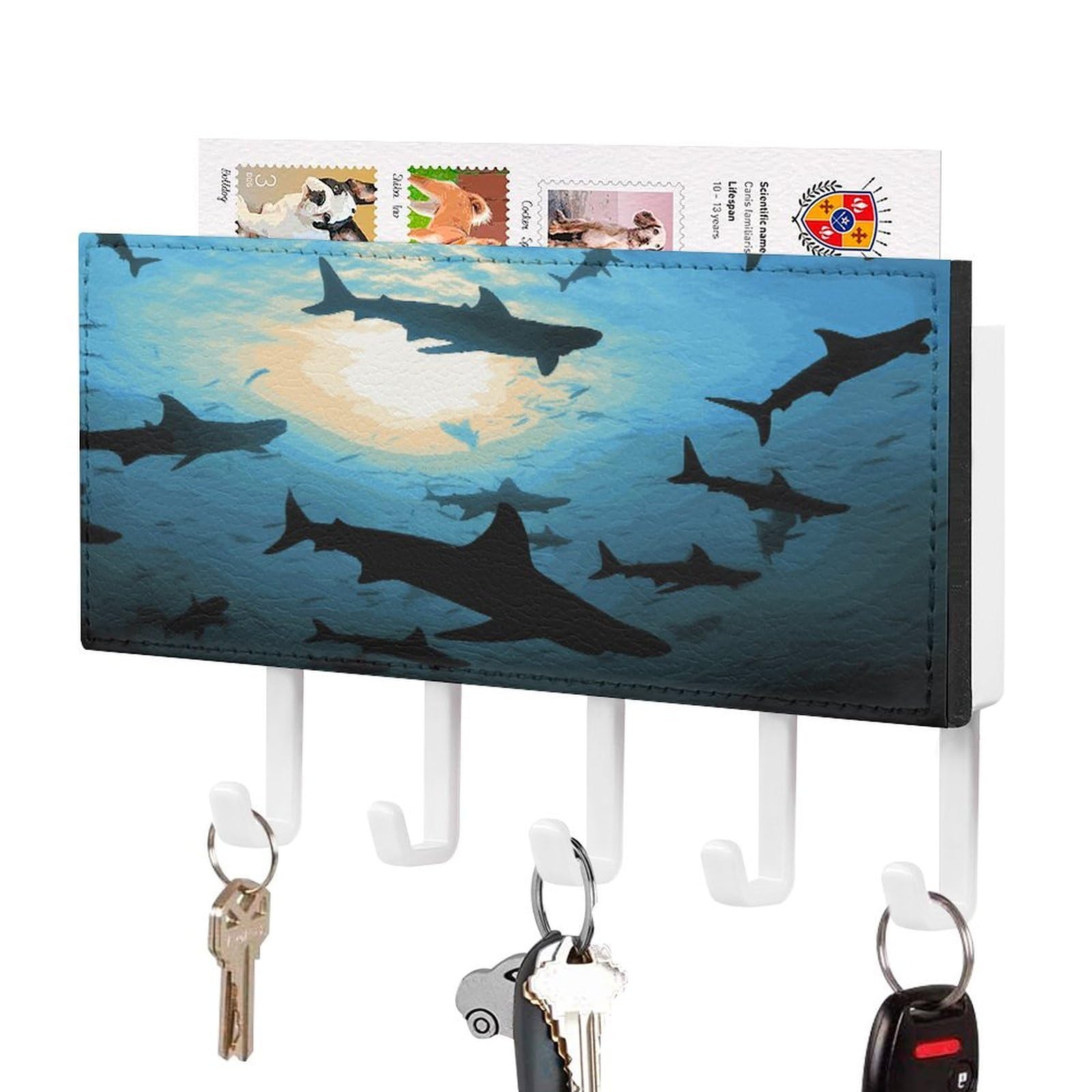 FekiLoot Hammerhead Sharks Key Holder Wall Mount Key Hooks for Wall Decorative with 5 Hooks PU Mail Rack Organizer with Shelf for Entryway Mudroom Hallway Office 7.1X4.3 in
