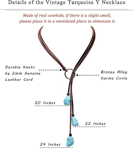 Miniatura 4 de PERNNLA PEARL Collar turquesa sintético bohemio hecho a mano joyería en forma de Y vintage con cuero marrón plano genuino