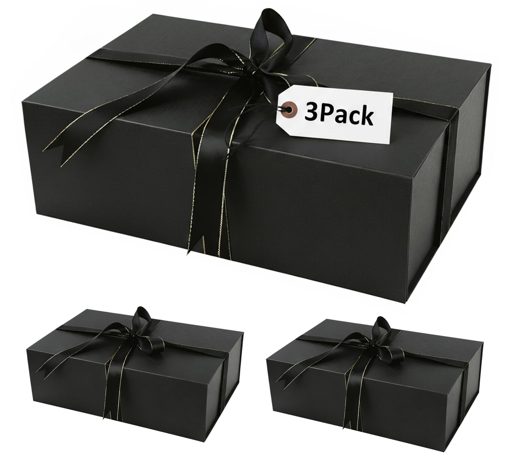 YINUOYOUJIA Confezione da 3 scatole regalo grandi nere, 35 x 22 x 10 cm, scatole regalo con chiusura magnetica, nastro e biglietto, scatola regalo per compleanno, San Valentino, festa della mamma