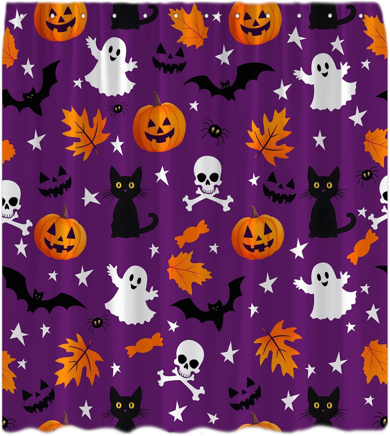Spooky Halloween Shower Curtain Purple Cute Ghost Horror Pumpkin Skull Cat Bat Spider Scary Cartoon Happy Holiday Decor Bathroom Curtain Set with Hook