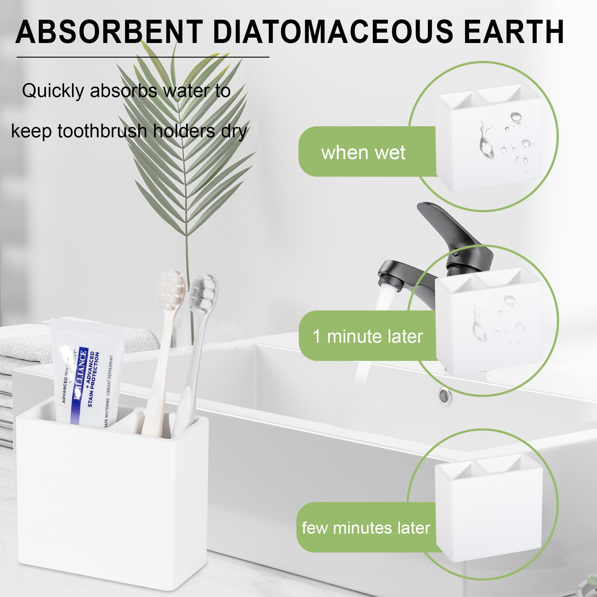 Diatomit Zahnbürstenhalter mit 2 Schlitzen, Zahnbürstenhalter für Badezimmer, Kinder, elektrische Zahnbürste und Zahnpasta, Organizer für Arbeitsplatte, Dusche, Schminktisch, Weiß