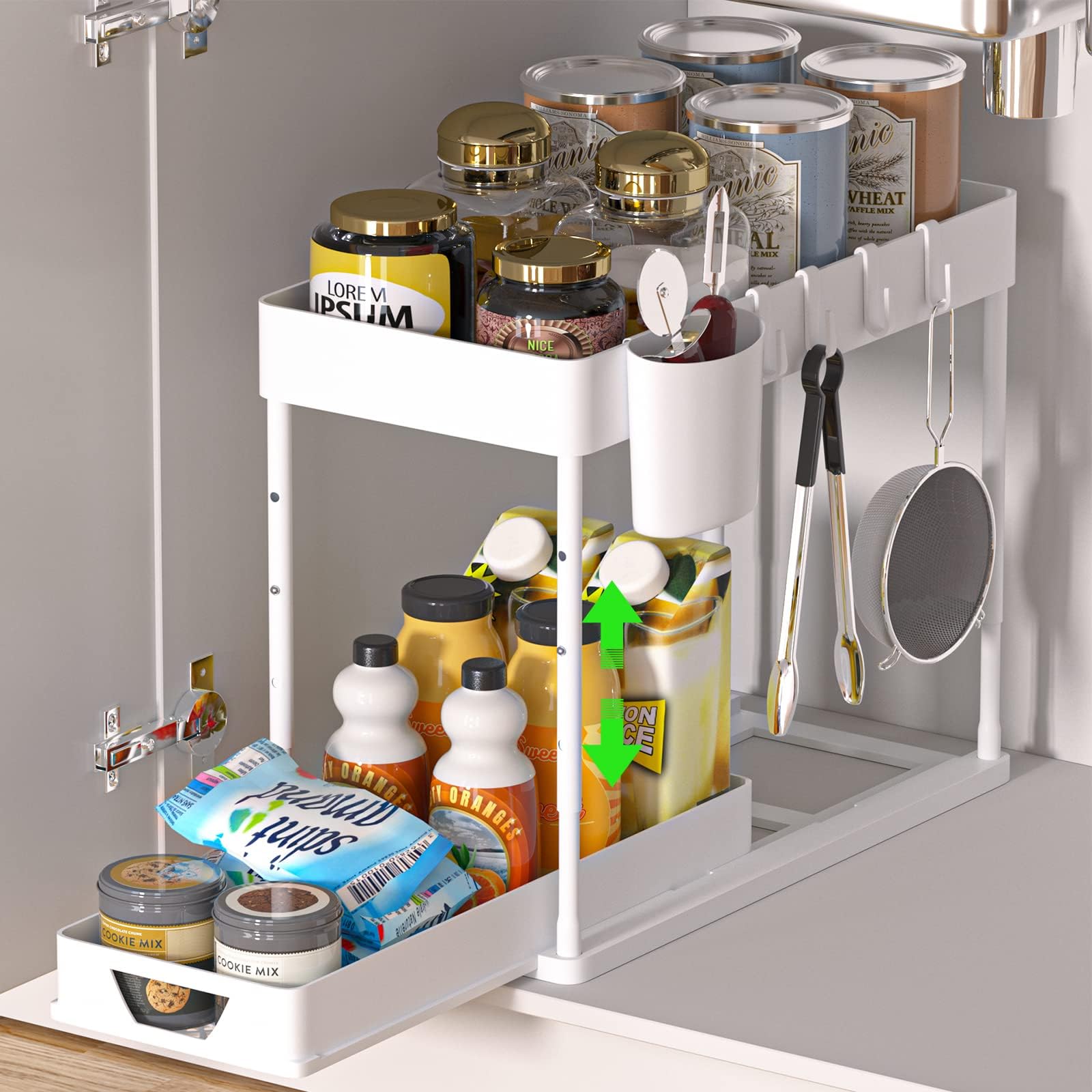 HI NINGER Under Sink Shelf Pull-Out Cabinet Organiser Under The Sink, 2-Tier Cabinet Organiser Kitchen with 4 Hooks and 1 Hanging Cup, Lifting Sink Shelf for Kitchens