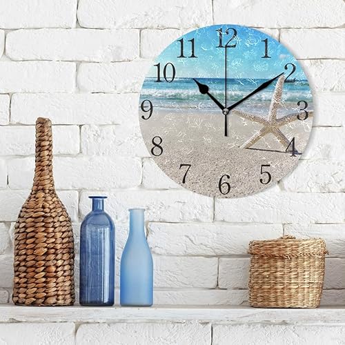 Miniatura 3 de SUABO Reloj de pared con diseño de conchas y números arábigos, diseño de estrellas de mar en la playa, reloj de pared redondo para sala de estar,
