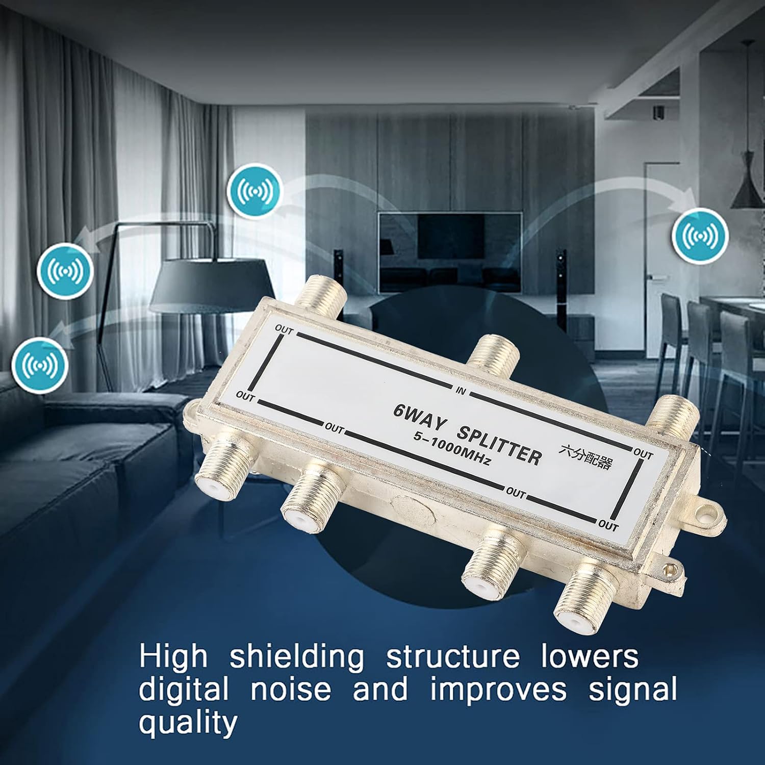 6 Way Coaxial Cable Splitter 5-1000MHz, Cable Splitter Work with CATV, Satellite TV,Antenna System and MoCA Configurations