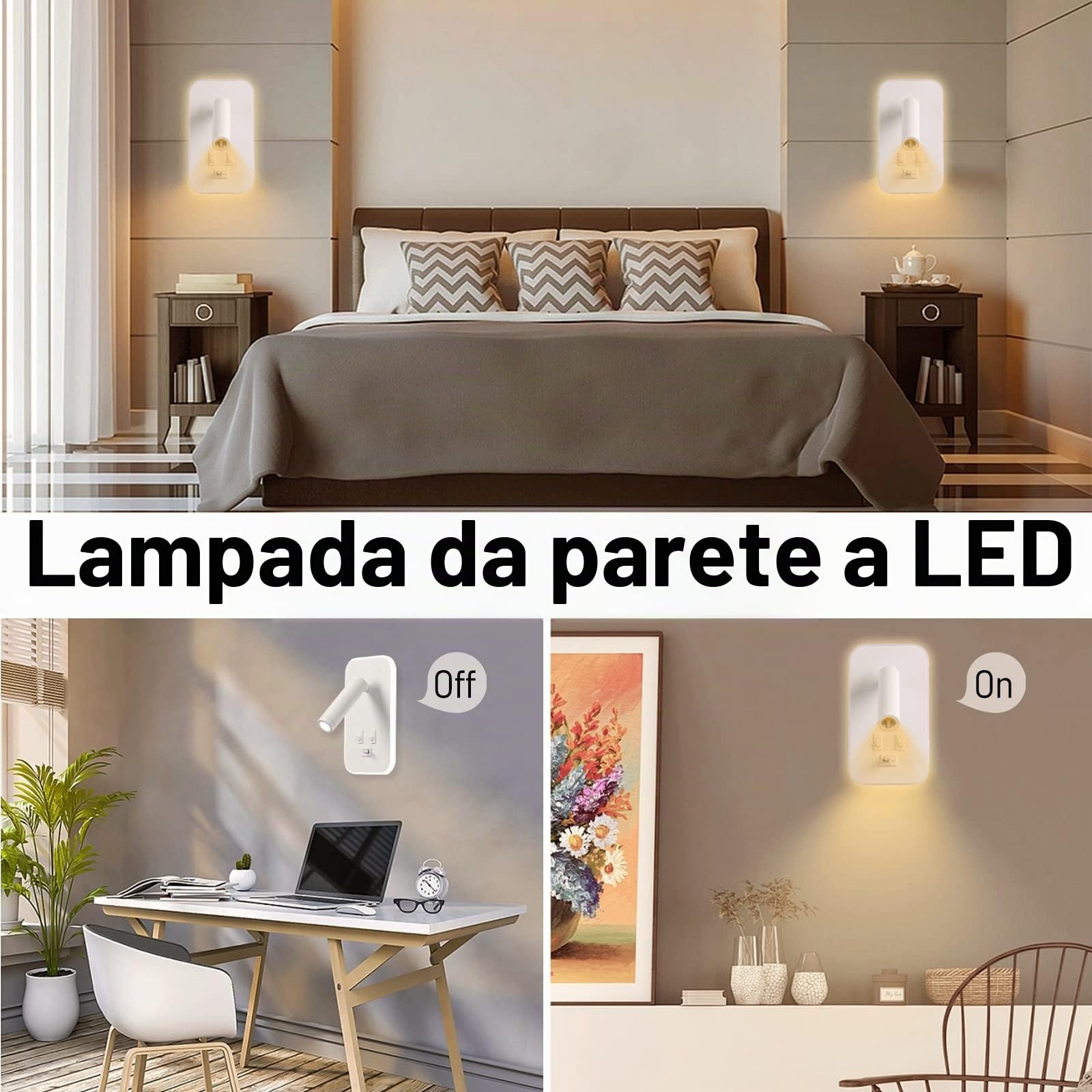 Weigudoc 2 x Lampada da parete a LED, luce di lettura accanto al letto, applique da parete regolabile, con porta di ricarica USB e interruttore, luci da parete del corridoio (bianco)
