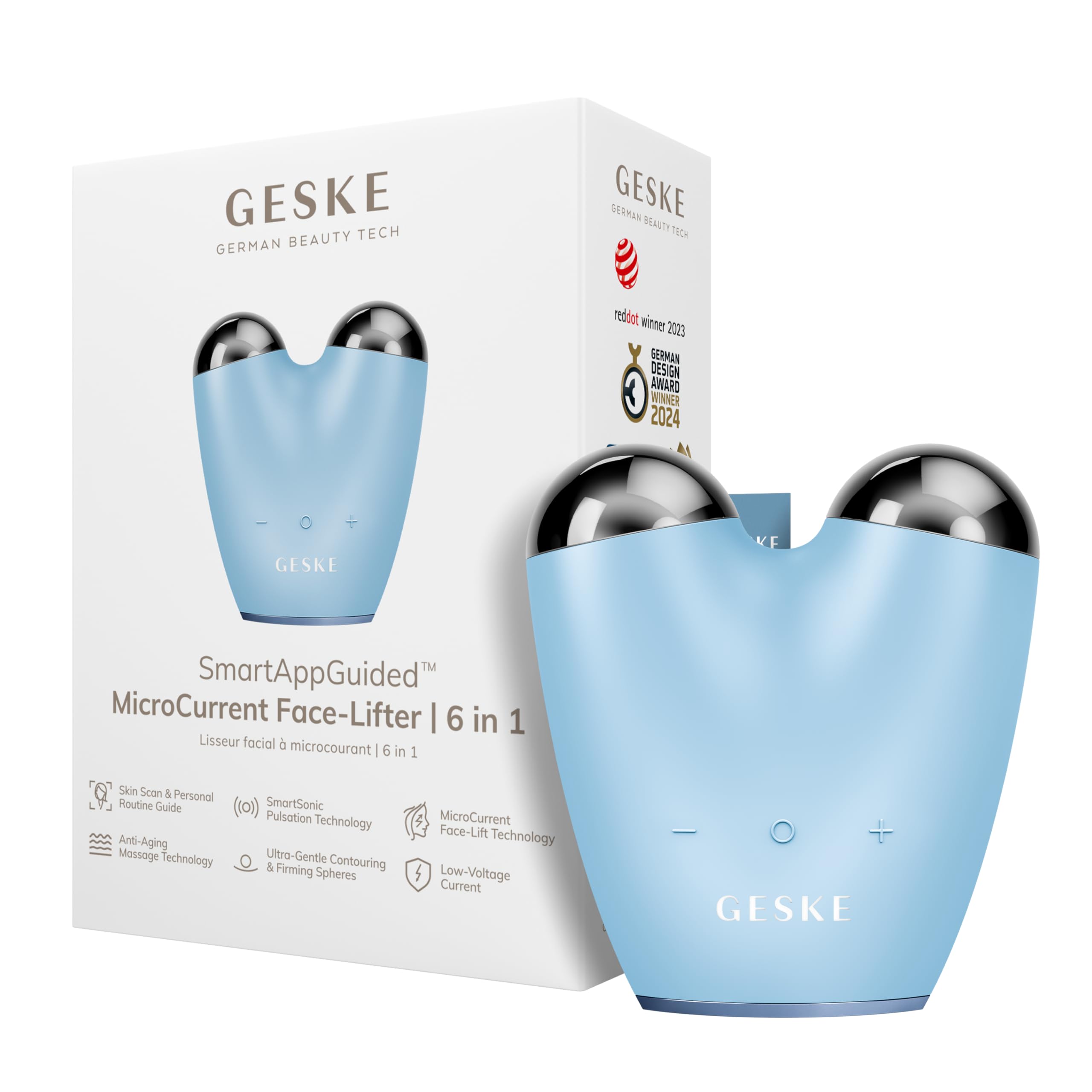 GESKE | SmartAppGuided™ MicroCurrent Face-Lifter | 6 in 1 | Facial Lifting | Gesicht- & Jawline Trainer | Gesichtsstraffung | Anti Aging Device | Mikrostrom gegen Falten | Doppelkinnentferner