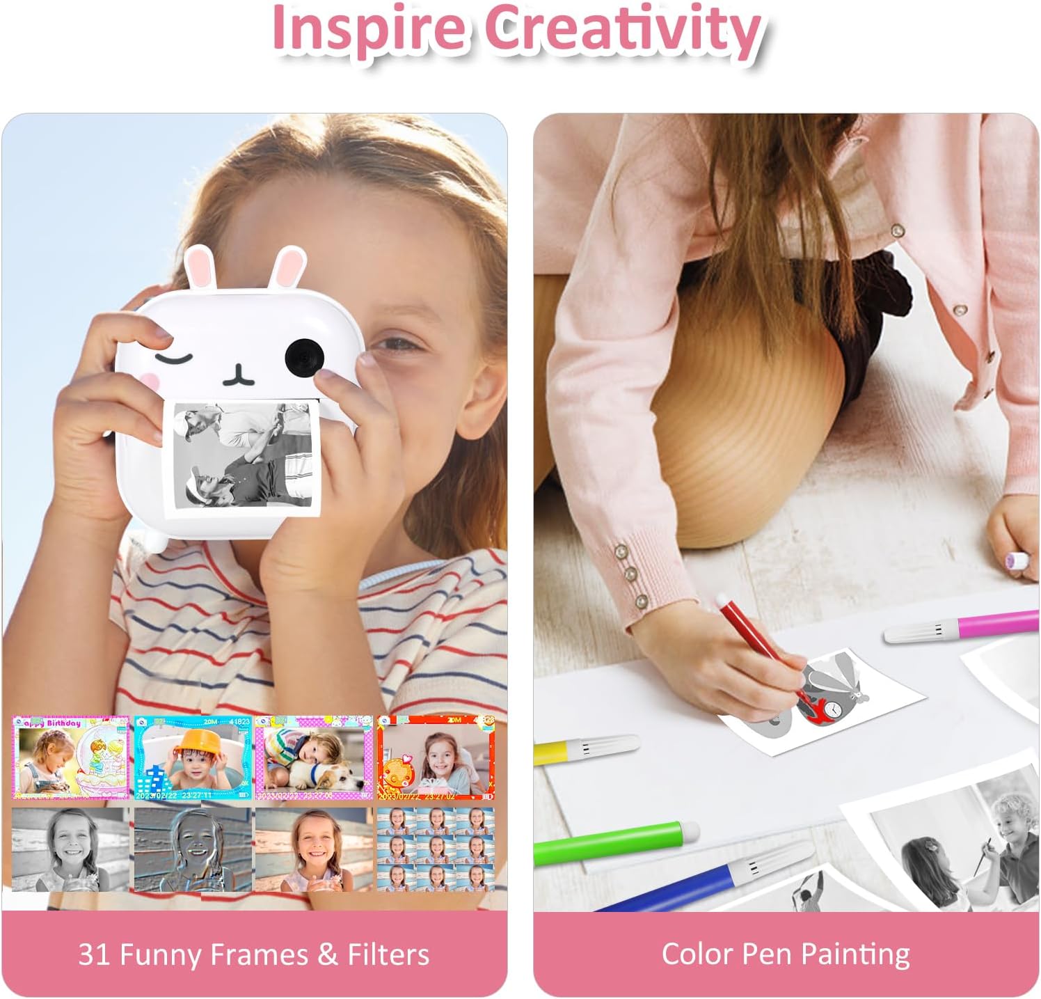 AURTEC Instant Camera for Kids, Mini Thermal Printing Camera, No Ink Required, 48MP Dual Camera,1080P HD Video, 32G TF Card, 3 Print Paper, 2.4 Inch Color Screen, Cute Animal Cartoon Design, Rabbit