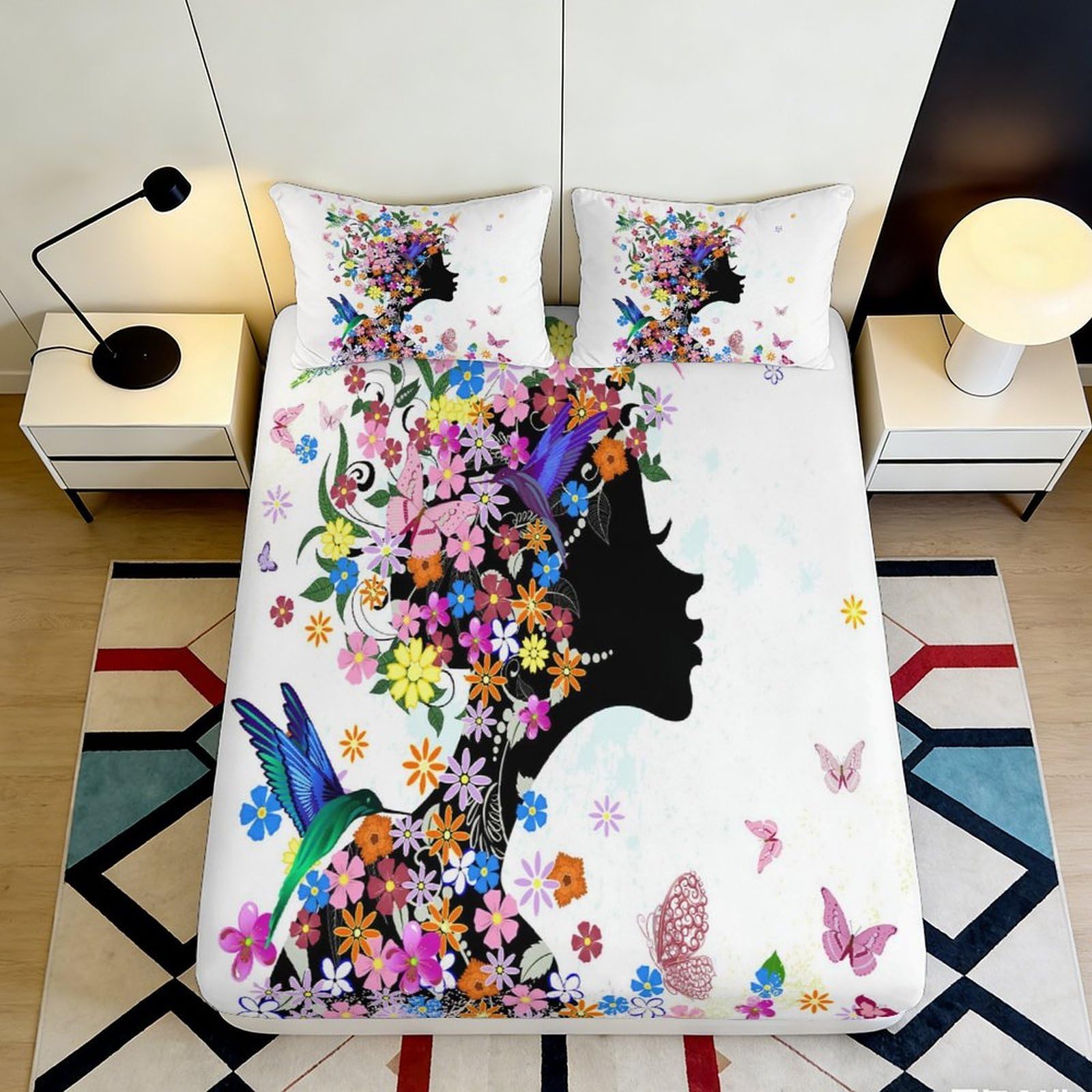 3D Printed Floral Silhouette Fitted Sheet Microfiber Soft Breathable Butterfly Bed Cover for Bedroom Dormitory Guest Room Protection Decor 200x200x25cm