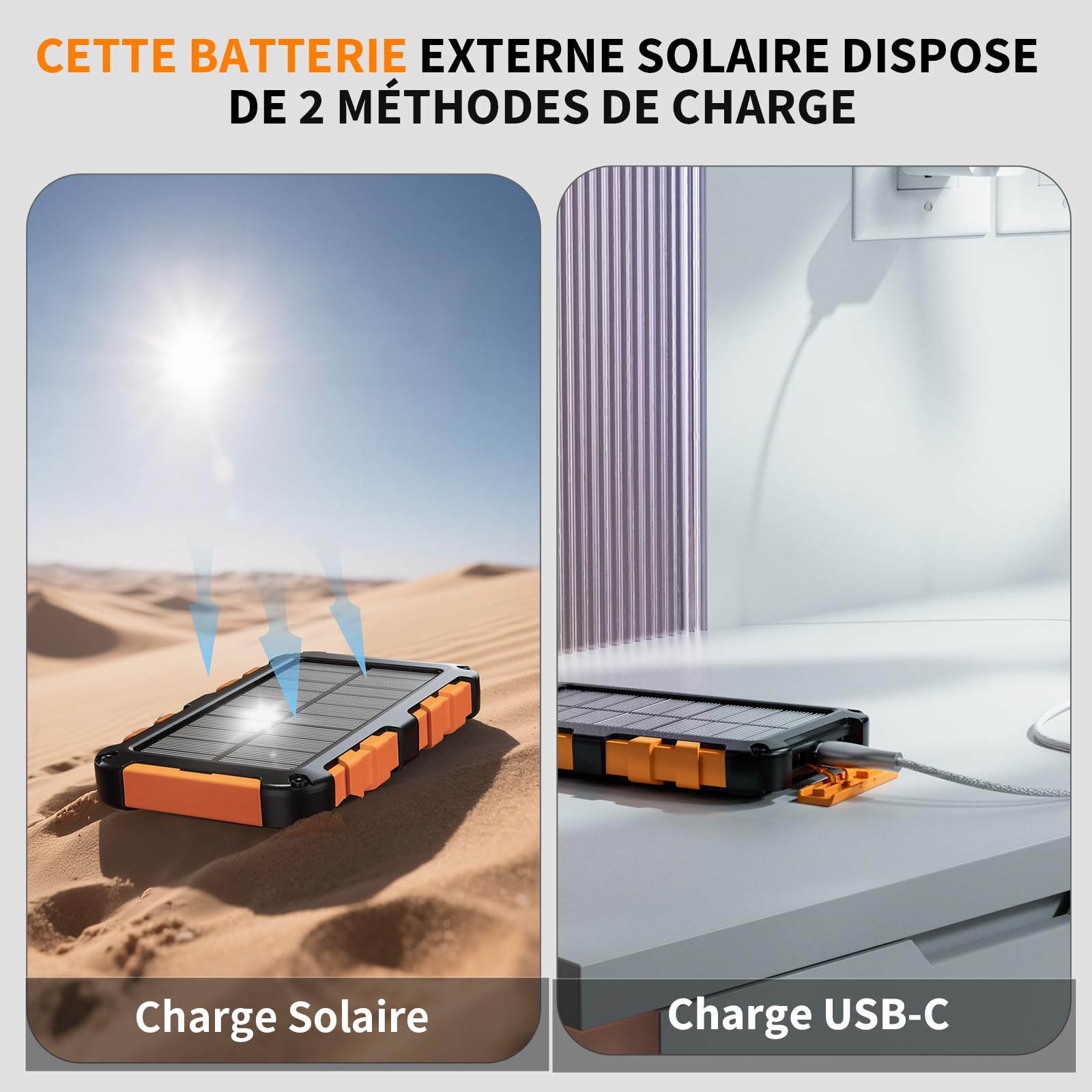 Batterie Externe Solaire 10000mAh PD 22,5W Chargeur Solaire avec 2 Ports USB et Une Entrée USB-C Charge Rapide Solar Power Bank Imperméable Compatible avec Téléphone Tablette Camping, Orange