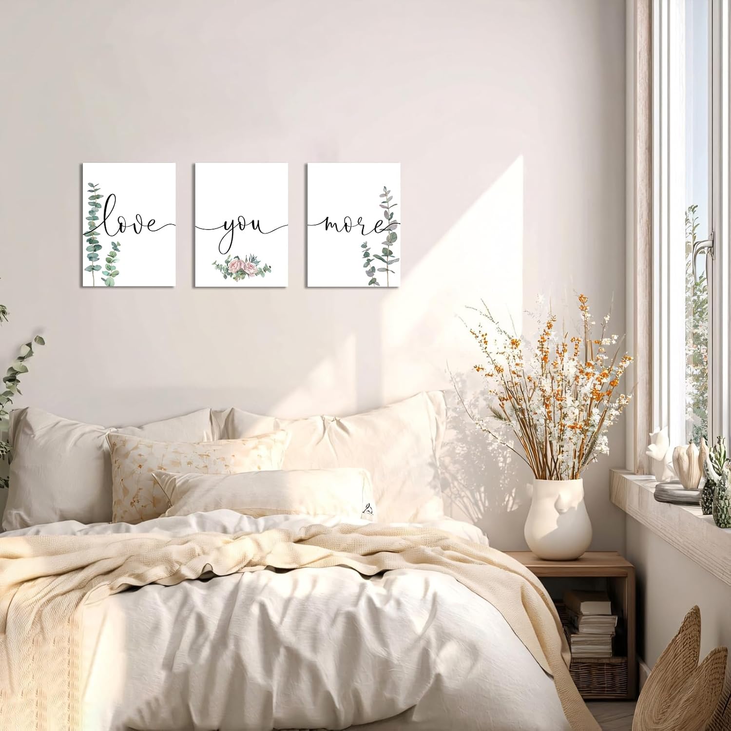 1 KINGO Love You More Wall Art: 12"x16"Love Quotes Bedroom Wall Decor Above Bed, Set of 3 Eucalyptus Wall Art Canvas Prints, Sage Green Botanical Decor for Modern Farmhouse Master Bedroom Living Room