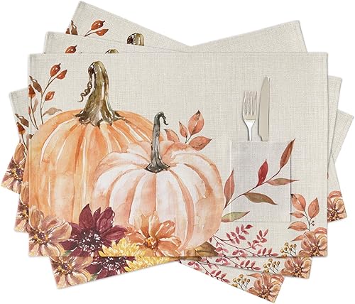 Juego de 4 manteles individuales de mesa de calabaza rosa para mesa de comedor, tela de lino de algodón con bolsillo, arpillera cuadrada,