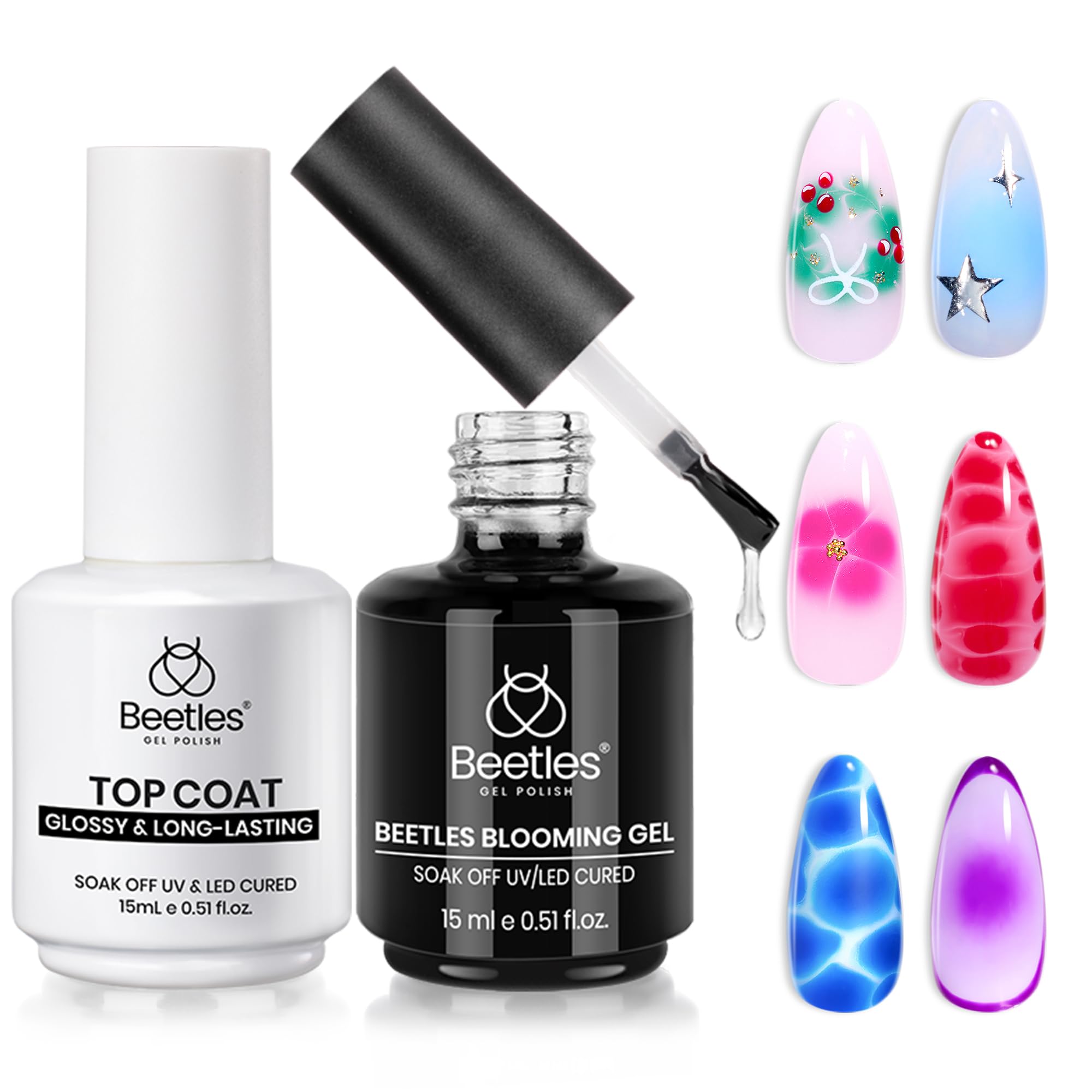 Beetles Blooming Gel and Glossy Top Coat Set 2 Pcs 15ml Soak Off UV LED Gel Nail Polish