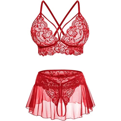 Sexy Lingerie for Women Naughty 3 Piece Lace Bralette, Mini Skirt with G-String Crotchless Lingerie Outfits